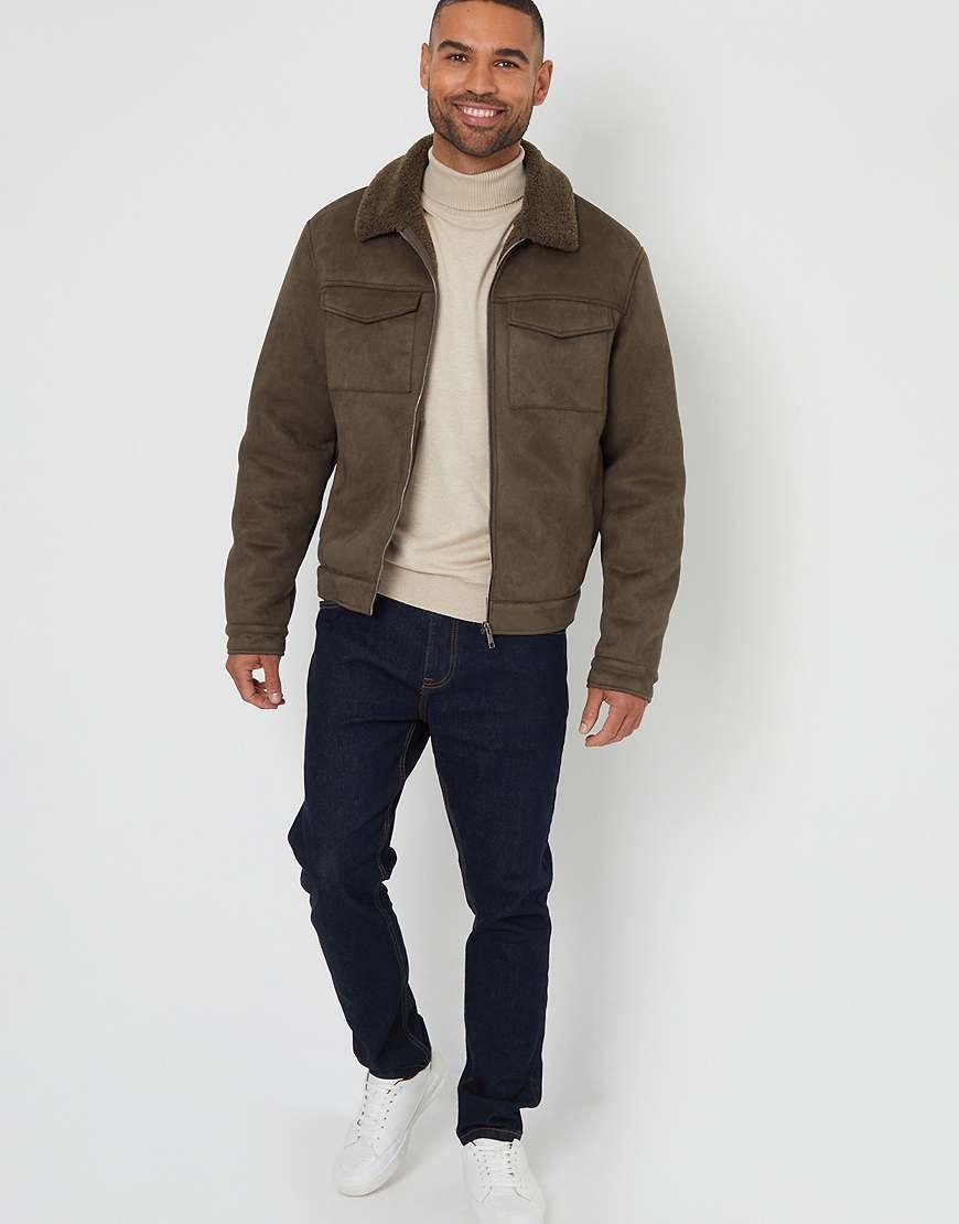 Threadbare Faux Suede Borg Lined Aviator Jacket in Brown for Men