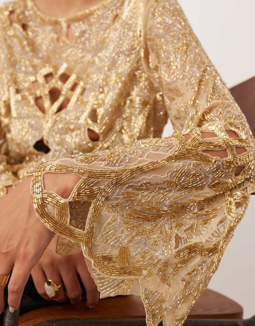 ASOS Cut Work Nouveau Floral Embellished Long Sleeve Top in