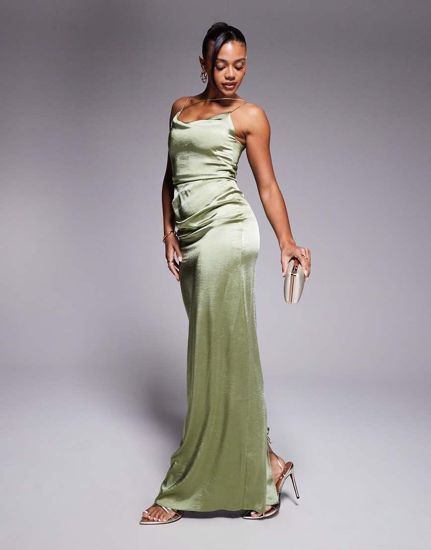 Vesper Satin Strappy Maxi Dress With Split in Green Lyst UK