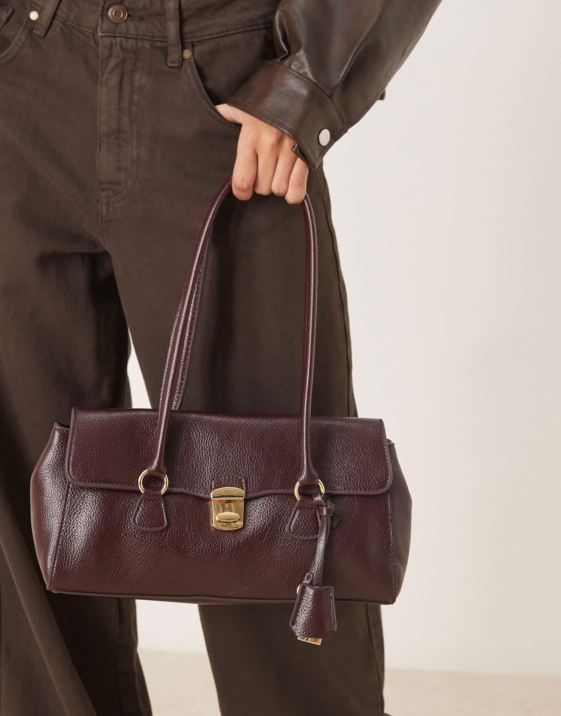 Mango Purple Ruffle Dress Mango Key Charm Shoulder Bag In Brown Lyst