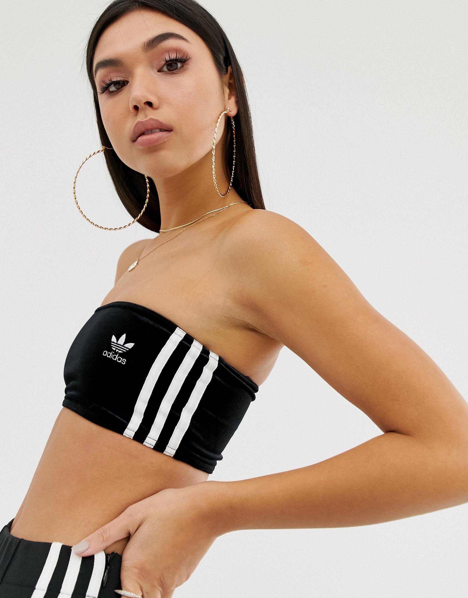 adidas Originals Adicolor Three Stripe Velvet Bandeau Bralette in Black |  Lyst