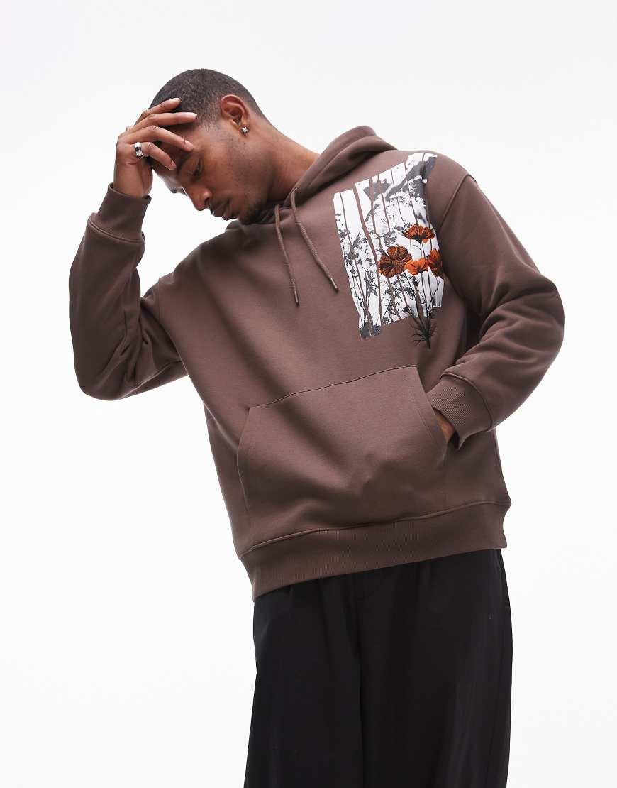 TOPMAN Oversized Fit Hoodie With Floral Patch Print And Embroidery in Brown for Men Lyst UK