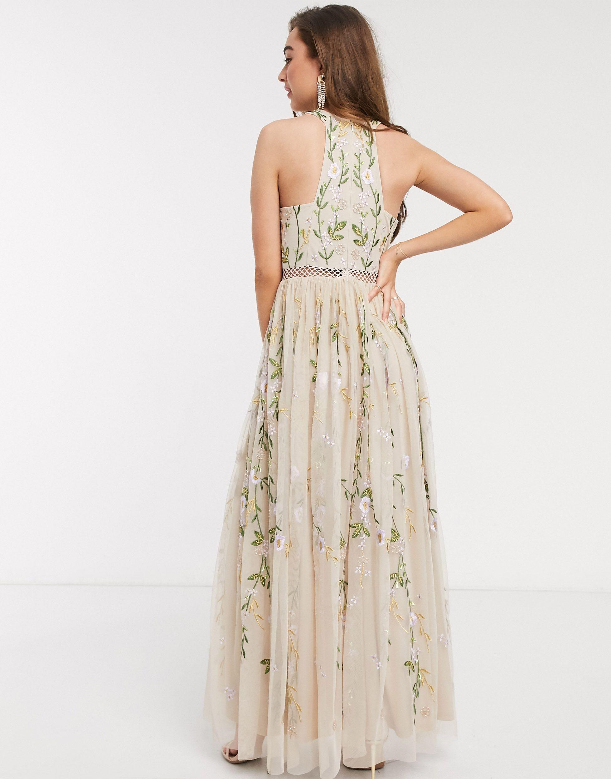 ASOS Synthetic Asos Design Petite Halterneck Pretty Embroidered Floral And  Sequin Mesh Maxi Dress in Natural | Lyst