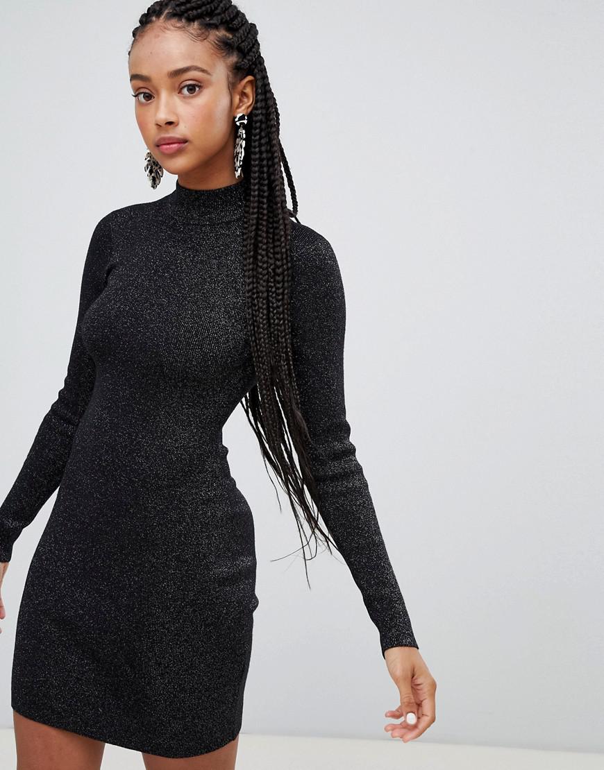 Bershka Denim Open Back High Neck Dress 