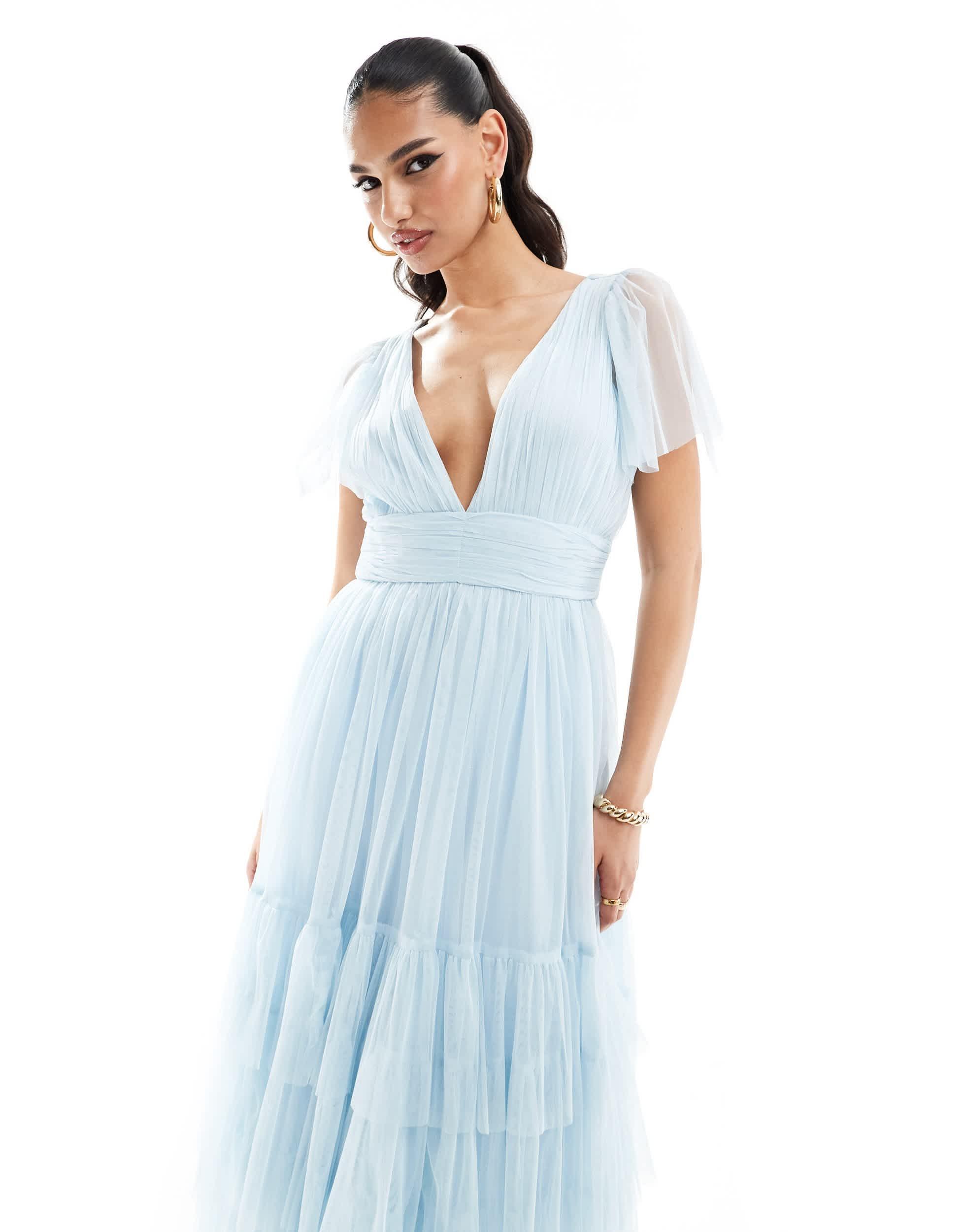 LACE BEADS Bridesmaid Madison V Neck Tulle Midi Dress in Blue Lyst