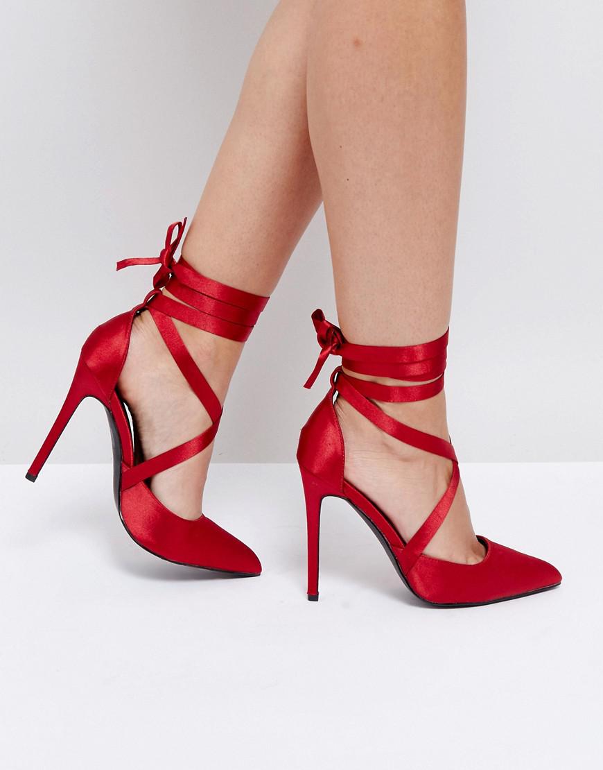 red lace up pumps