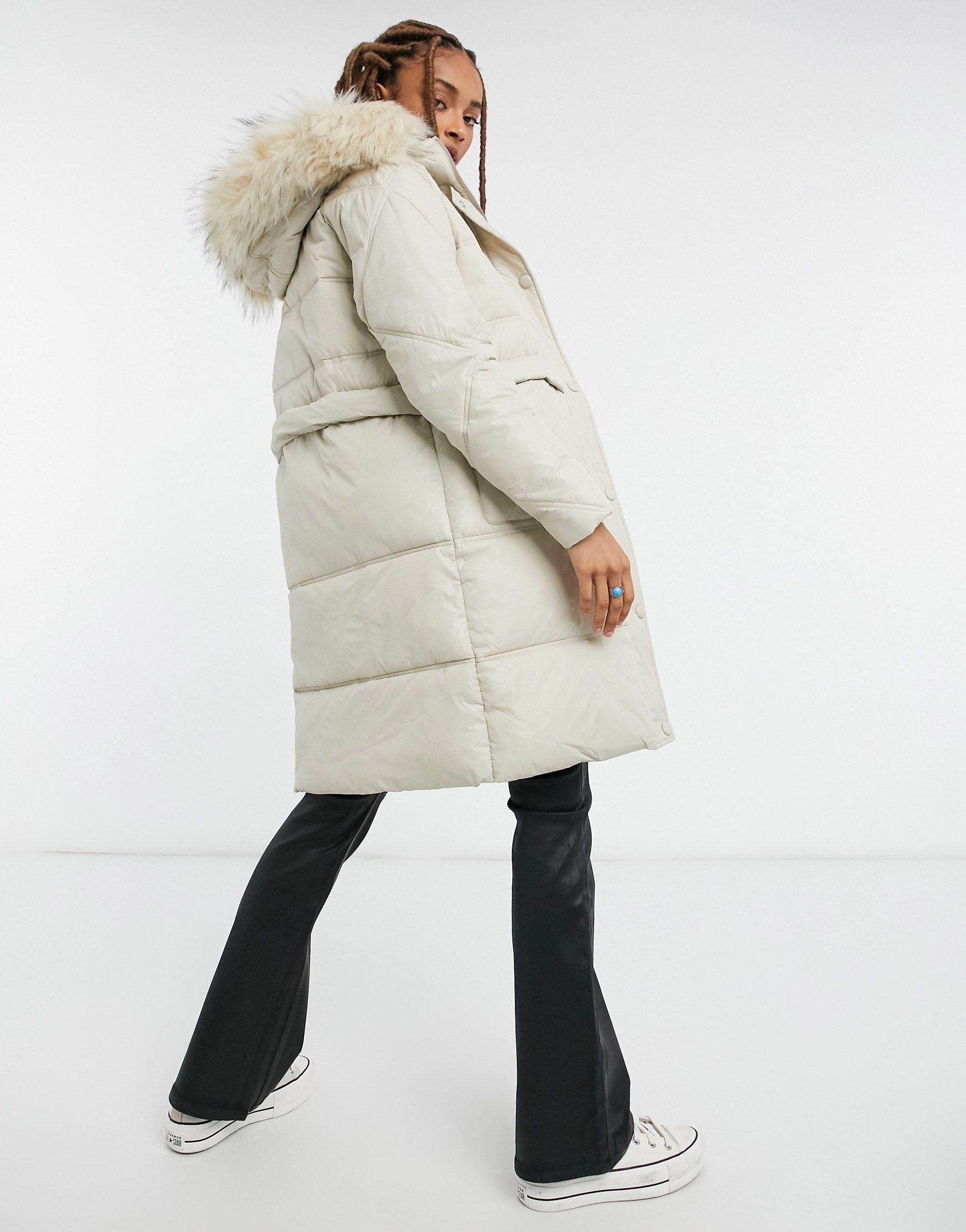 urban bliss stone faux fur trim padded parka coat