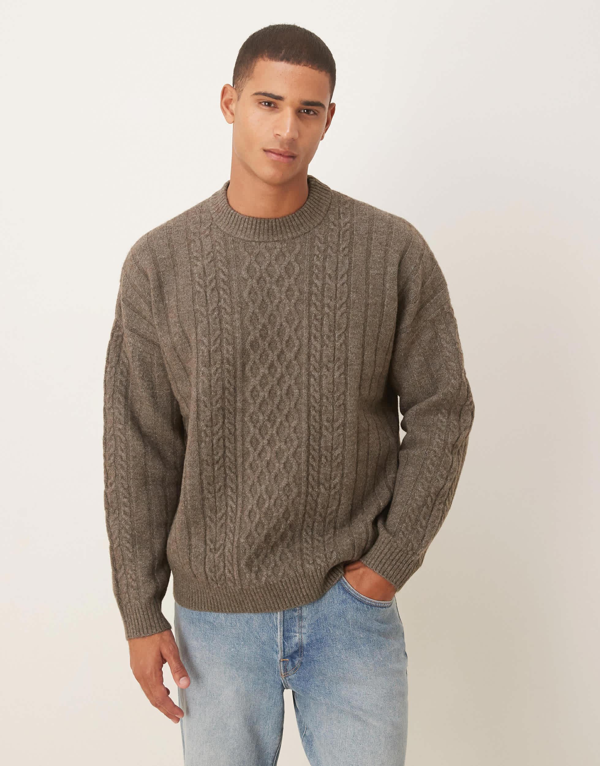 Asos Design Brown Oversized Knitted Jumper Knit Crew Neck Sweater
