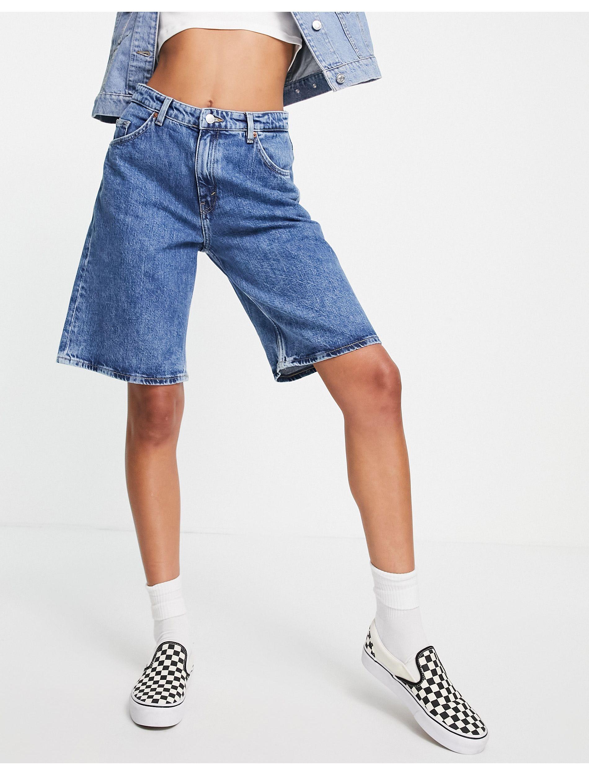 Monki Liv Cotton Long Denim Shorts in 