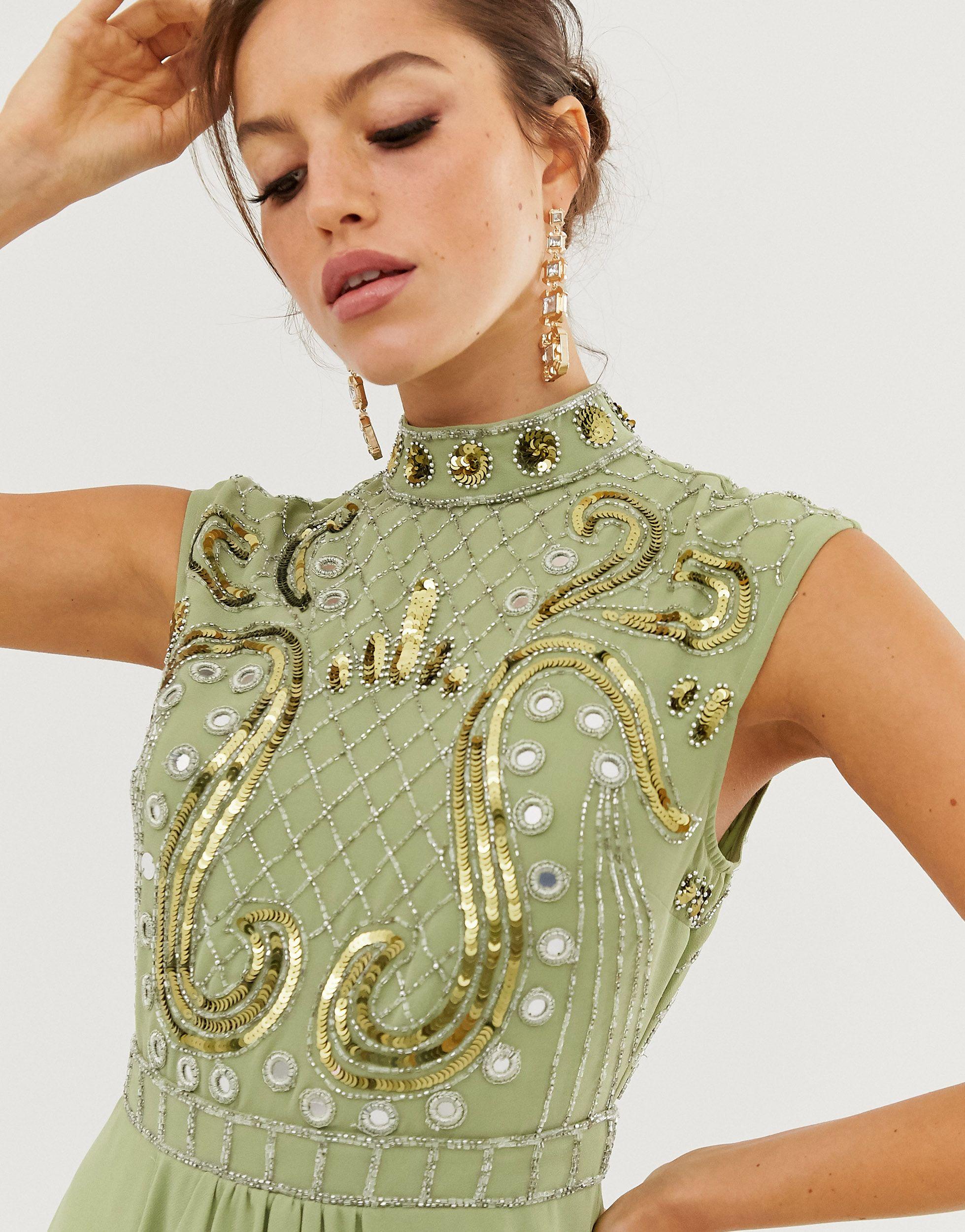 multi long sleeve plunge mirror embroidered dress