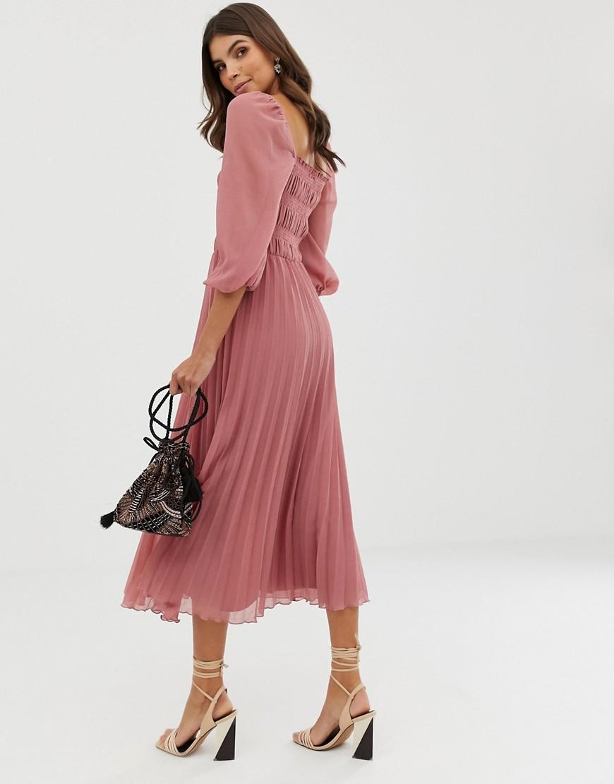 ASOS Denim Shirred Pleated Midi Dress in Pink - Lyst
