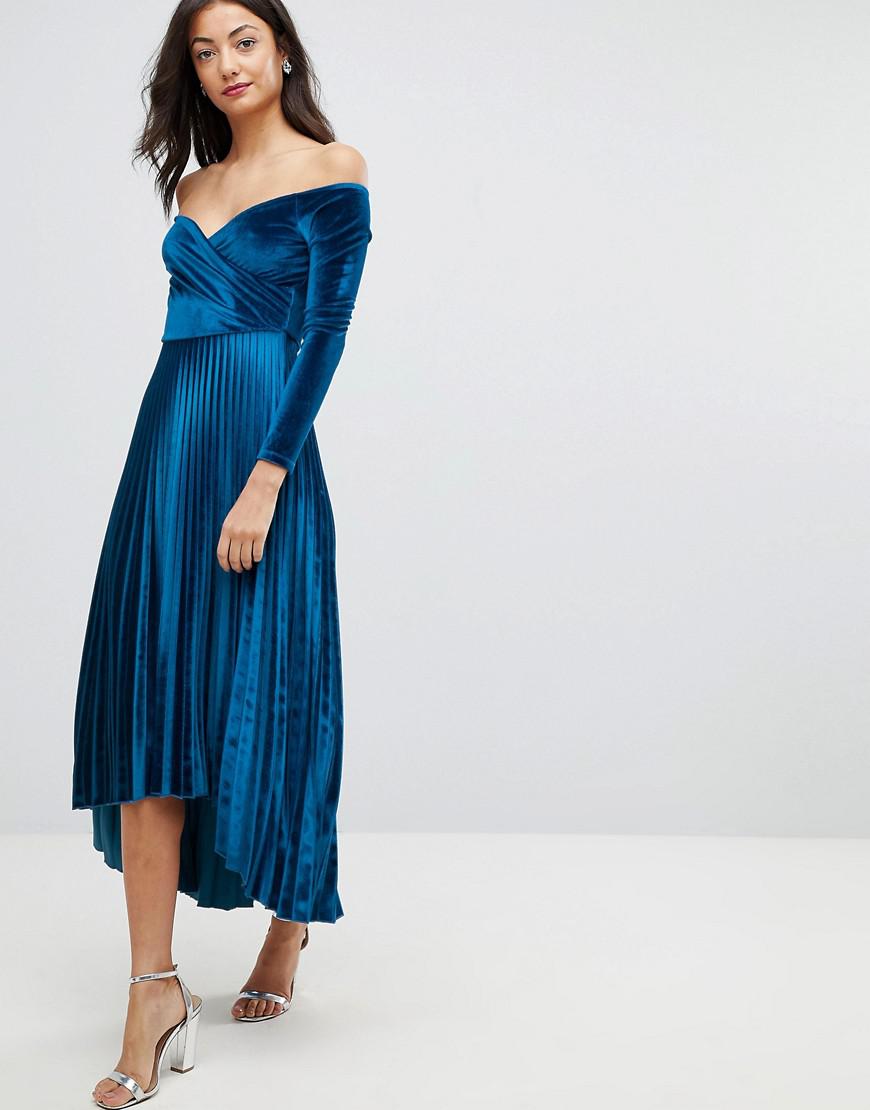 pleated bardot midi dress