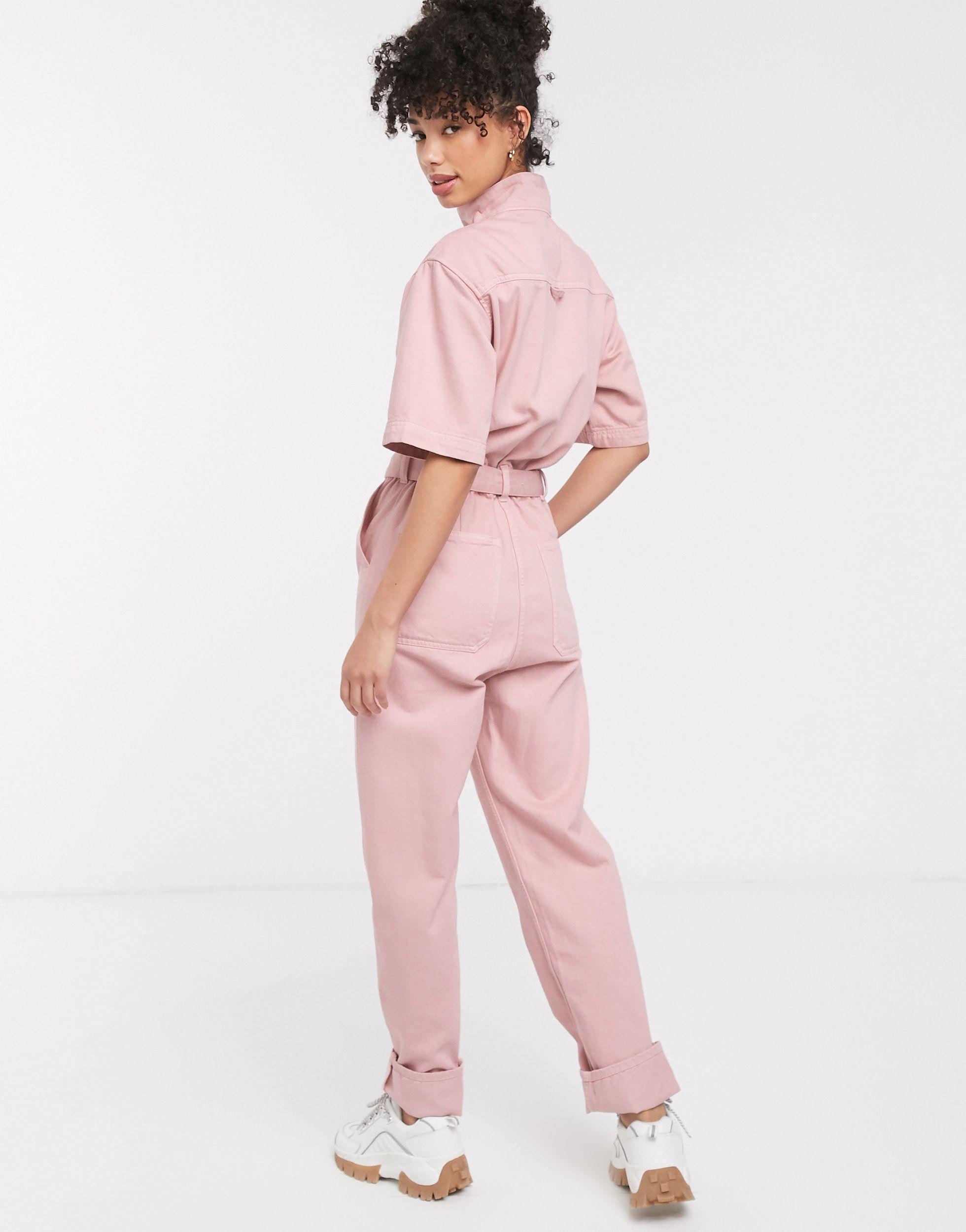 Weekday Short Sleeve Denim Boiler Suit in Pink | Lyst