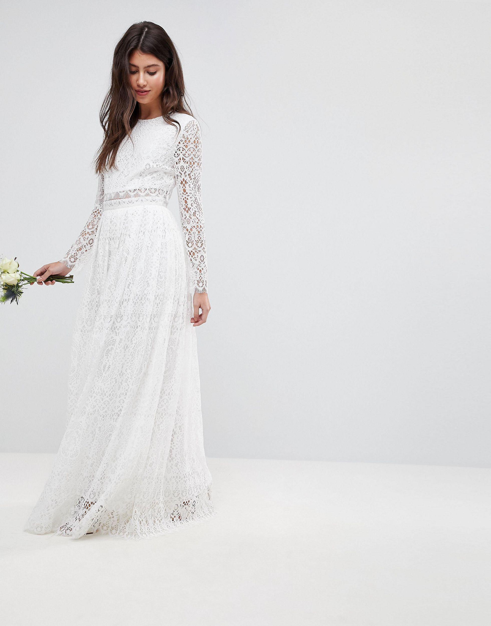 ASOS – Langärmliges Maxi-Brautkleid mit kurzem Spitzenoberteil in Weiß |  Lyst AT