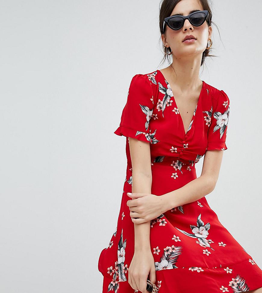 Vestido de tarde con parte delantera fruncida y estampado floral de Oasis  de color Rojo | Lyst