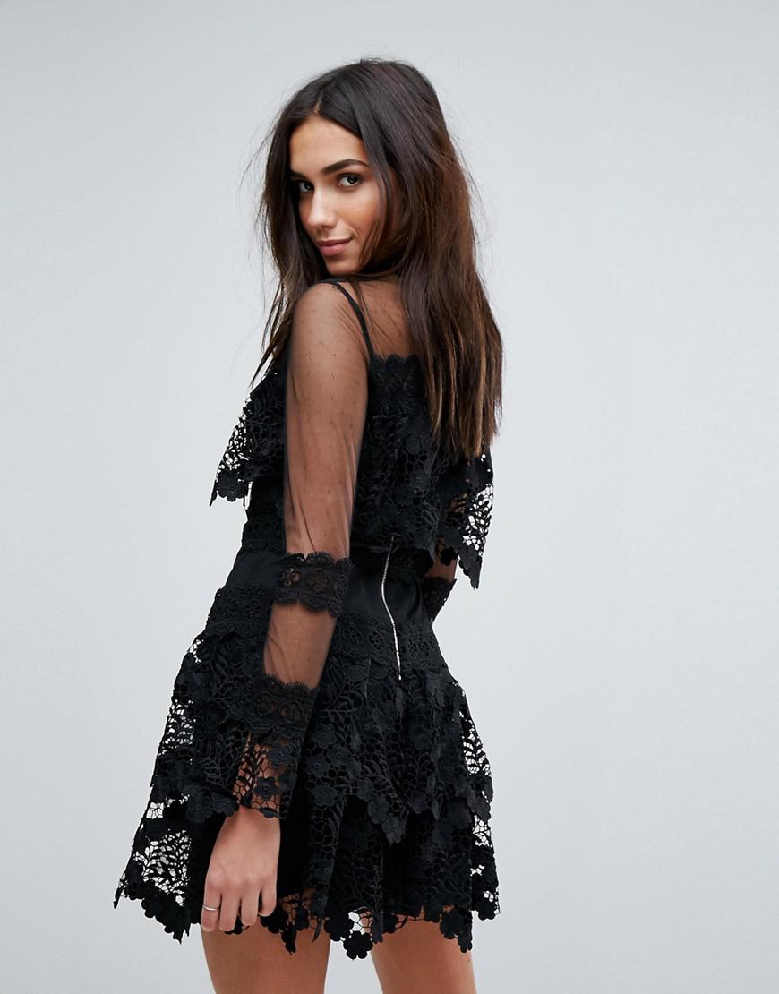 PrettyLittleThing Premium Lace Dress With Mesh Sleeve in Black | Lyst