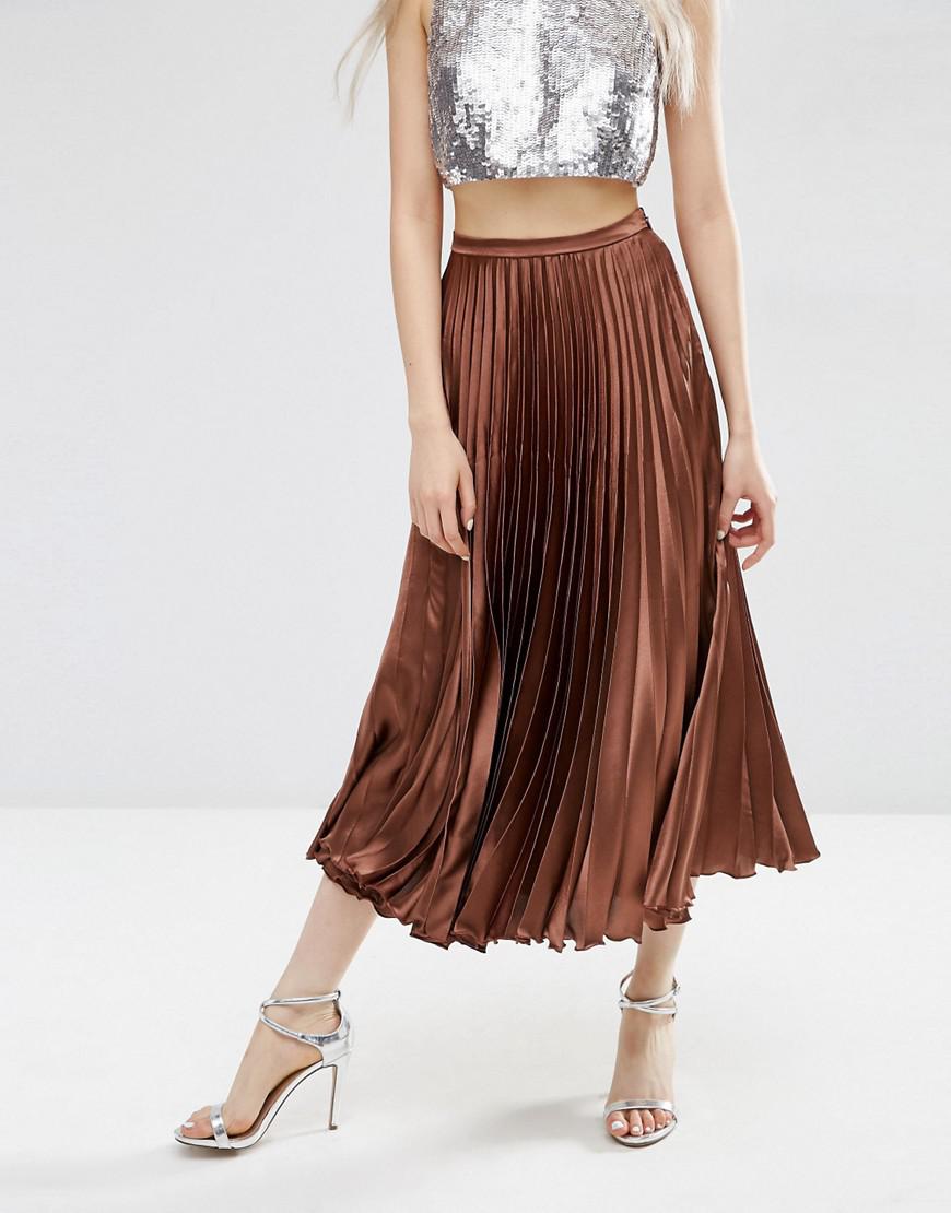 ASOS Midi Skirt In Pleated Satin in Brown - Lyst