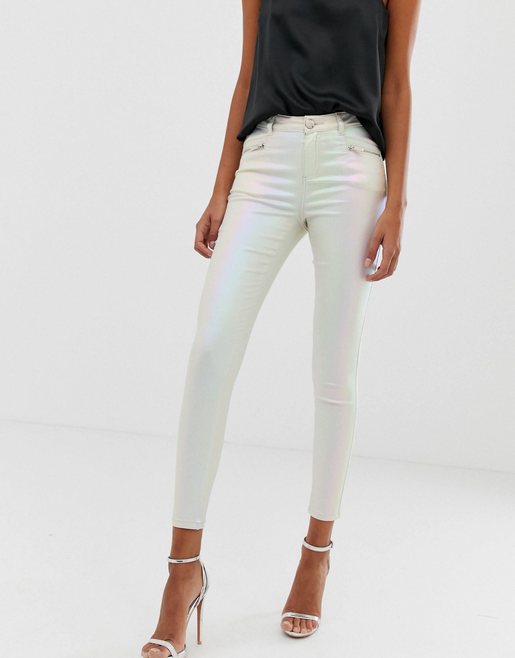 Lipsy Denim Coated Skinny Jeans In Pearlescent Cream - Lyst