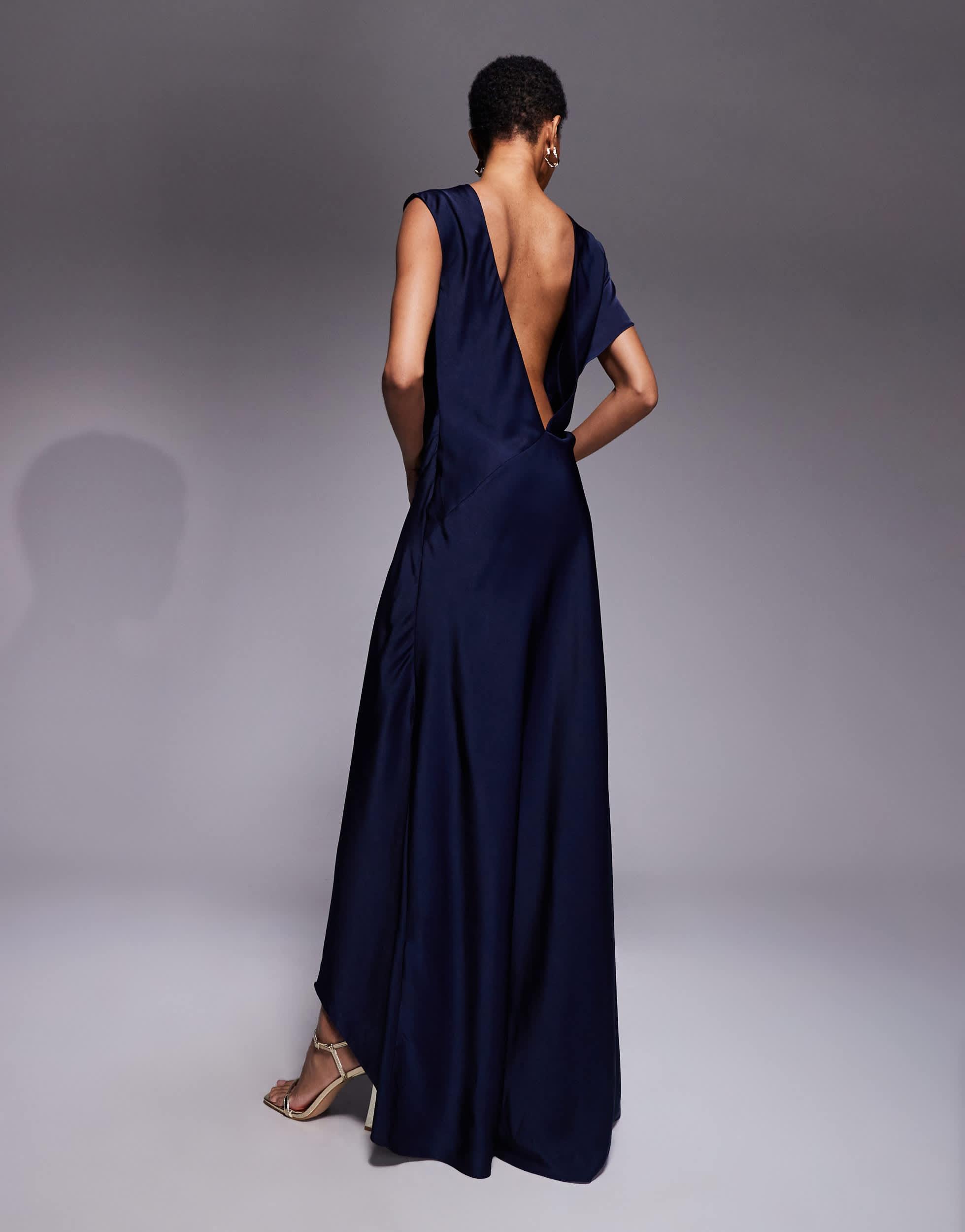 ASOS Asos Design Tall Satin Asymmetric Neckline Maxi Dress With Pleat  Shoulder And Skirt Detail in Blue | Lyst Australia