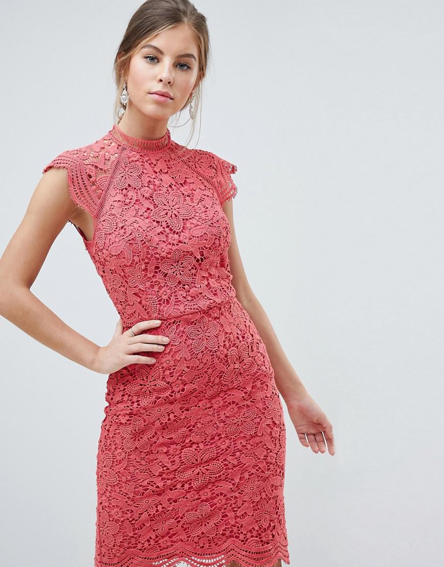 Chi Chi London Scallop Lace Pencil Dress in Pink - Lyst