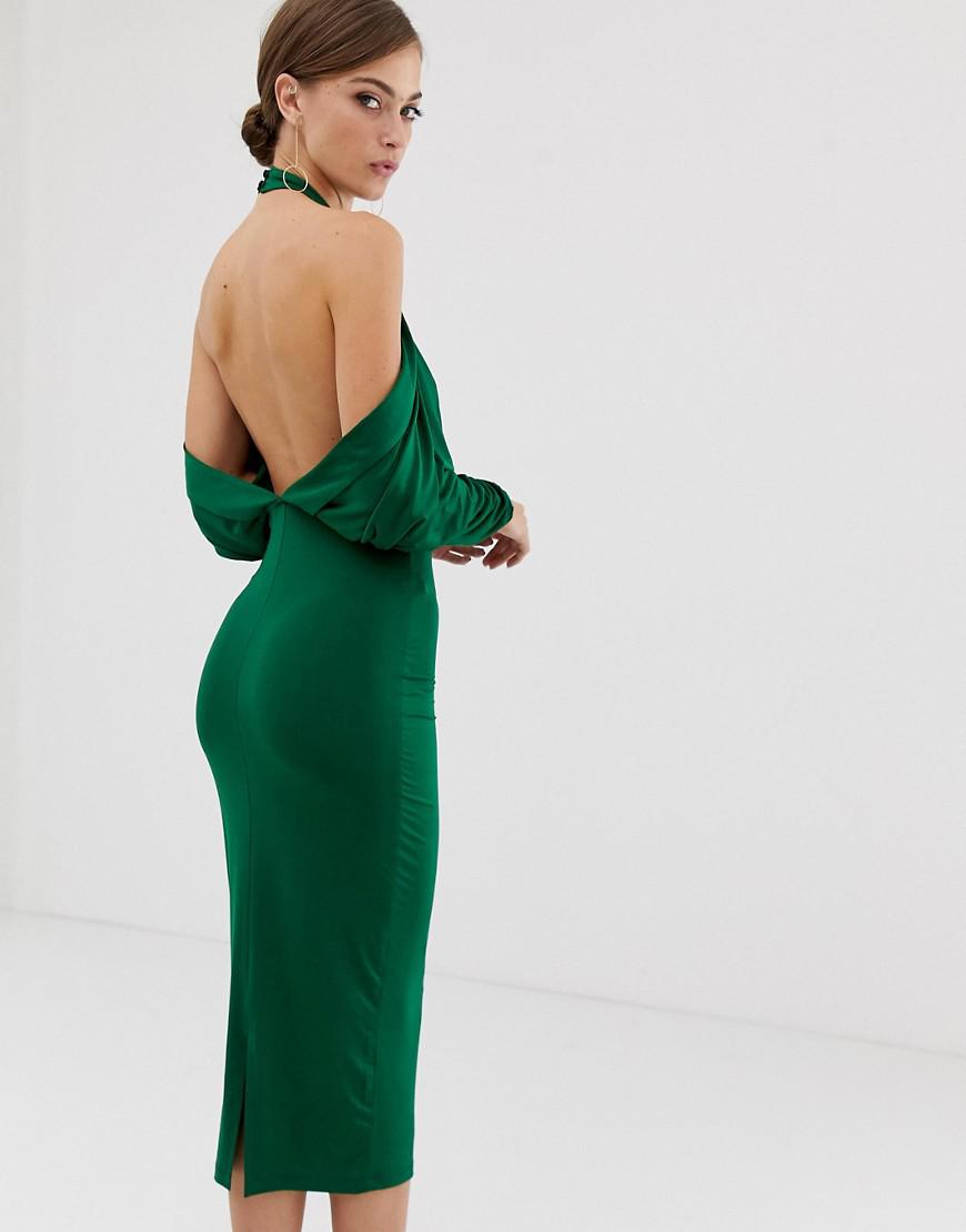 asos design plisse high neck balloon sleeve open back midi dress