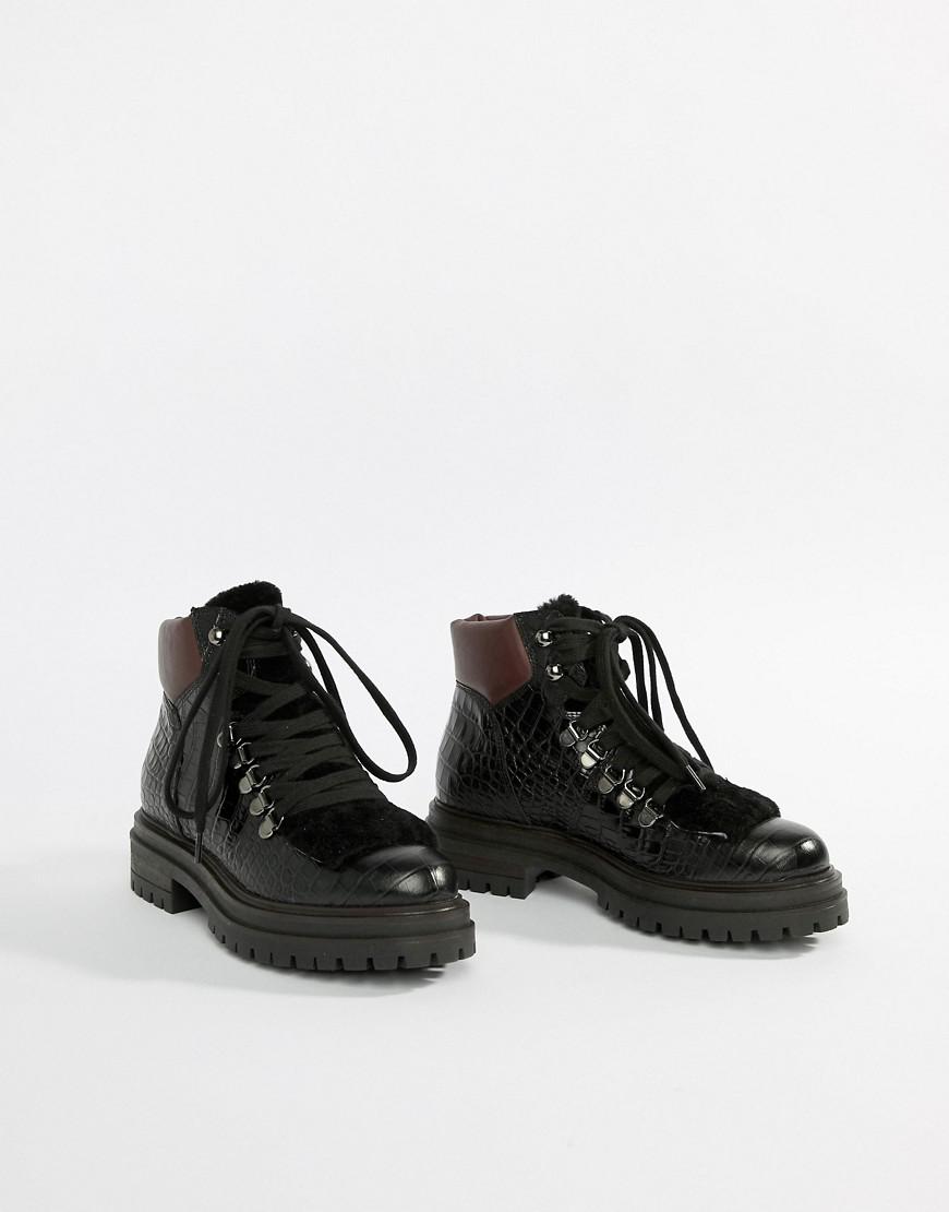 Kurt Geiger Kurt Geiger Regent Black Printed Leather Croc Effect Flat Lace  Up Ankle Boots - Lyst