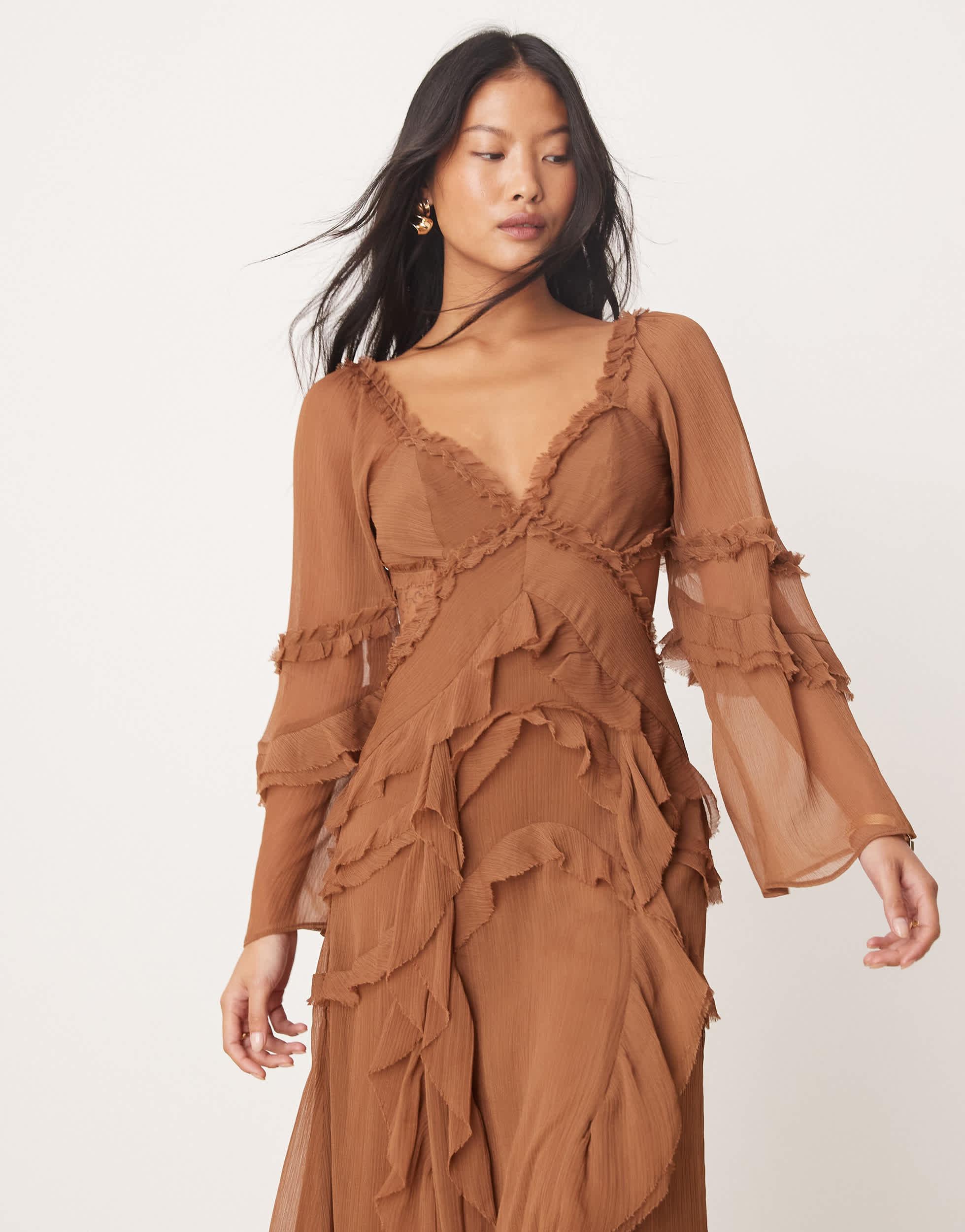 ASOS Asos Design Petite Ruffle V Neck Long Sleeve Maxi Dress in Brown | Lyst