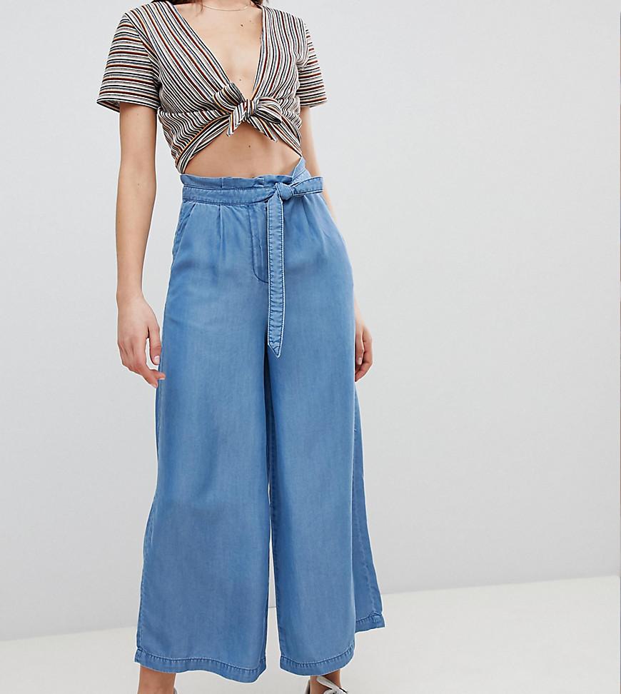 Pimkie Denim Chambray Wide Leg Cropped Trousers in Blue - Lyst
