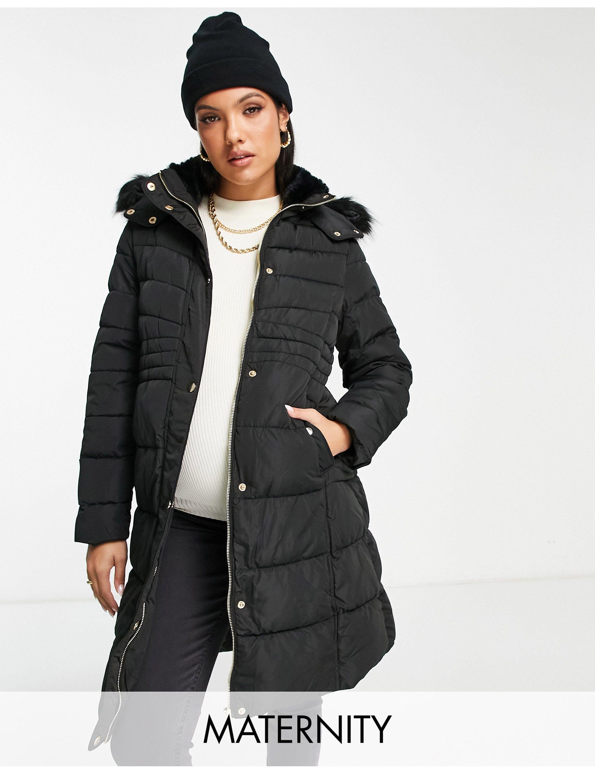 New Look Waisted Puffer Coat With Faux Fur Hood in Black | Lyst
