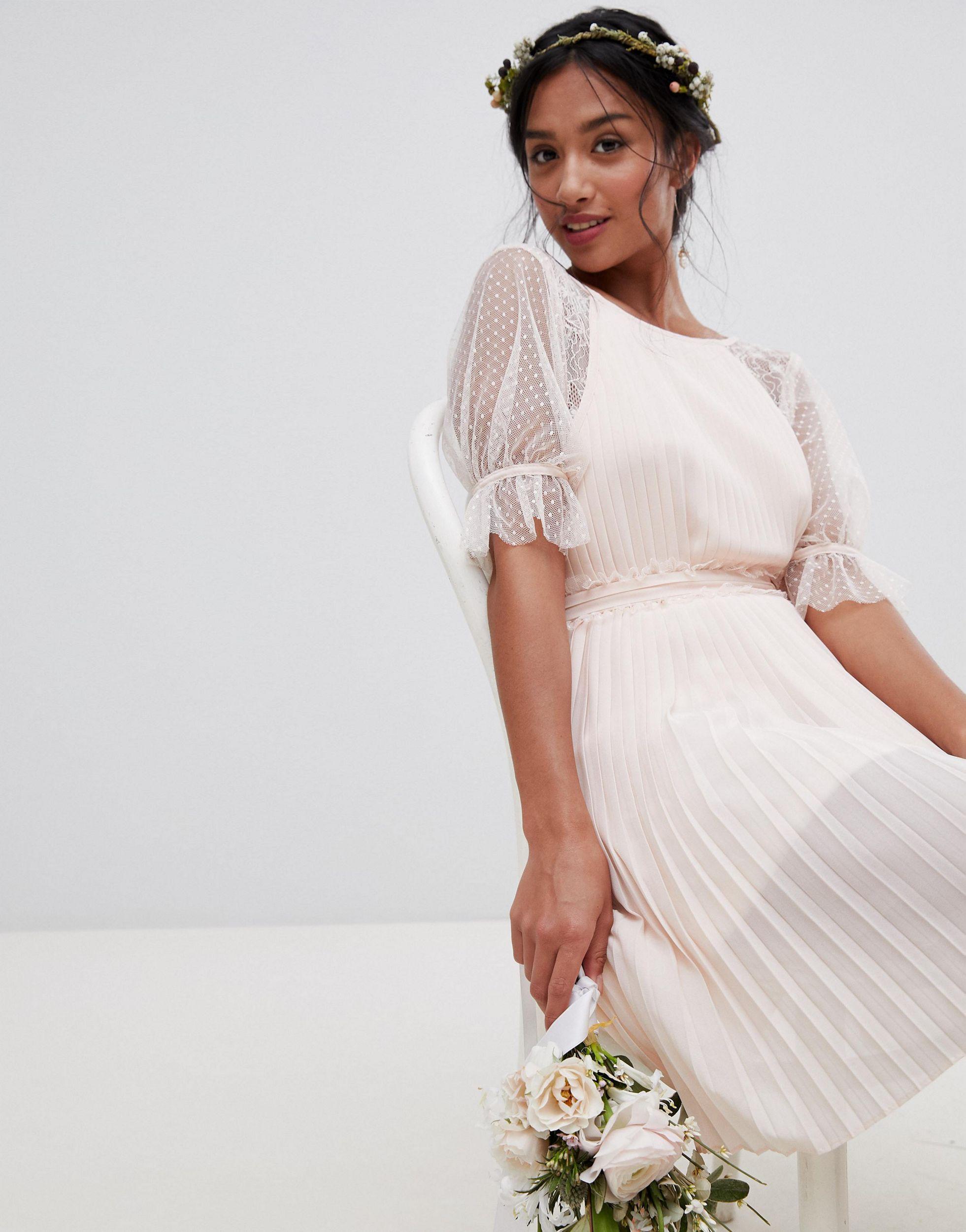 tfnc petite pleated maxi bridesmaid dress with spot mesh frill detail