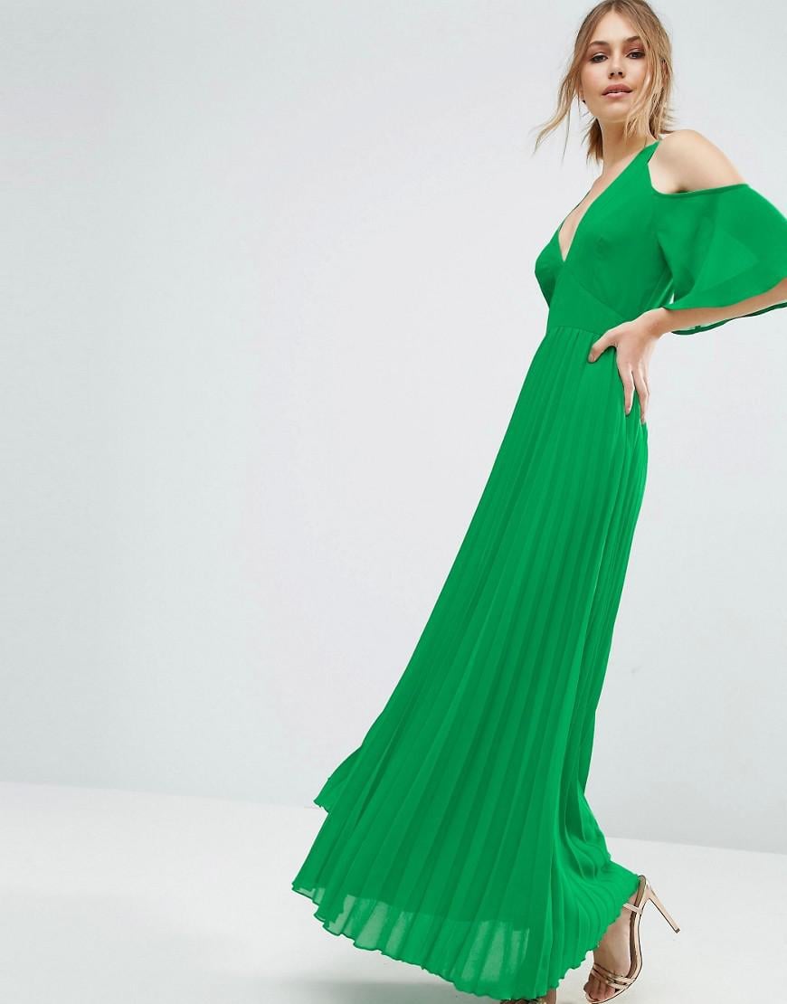 green cold shoulder maxi dress