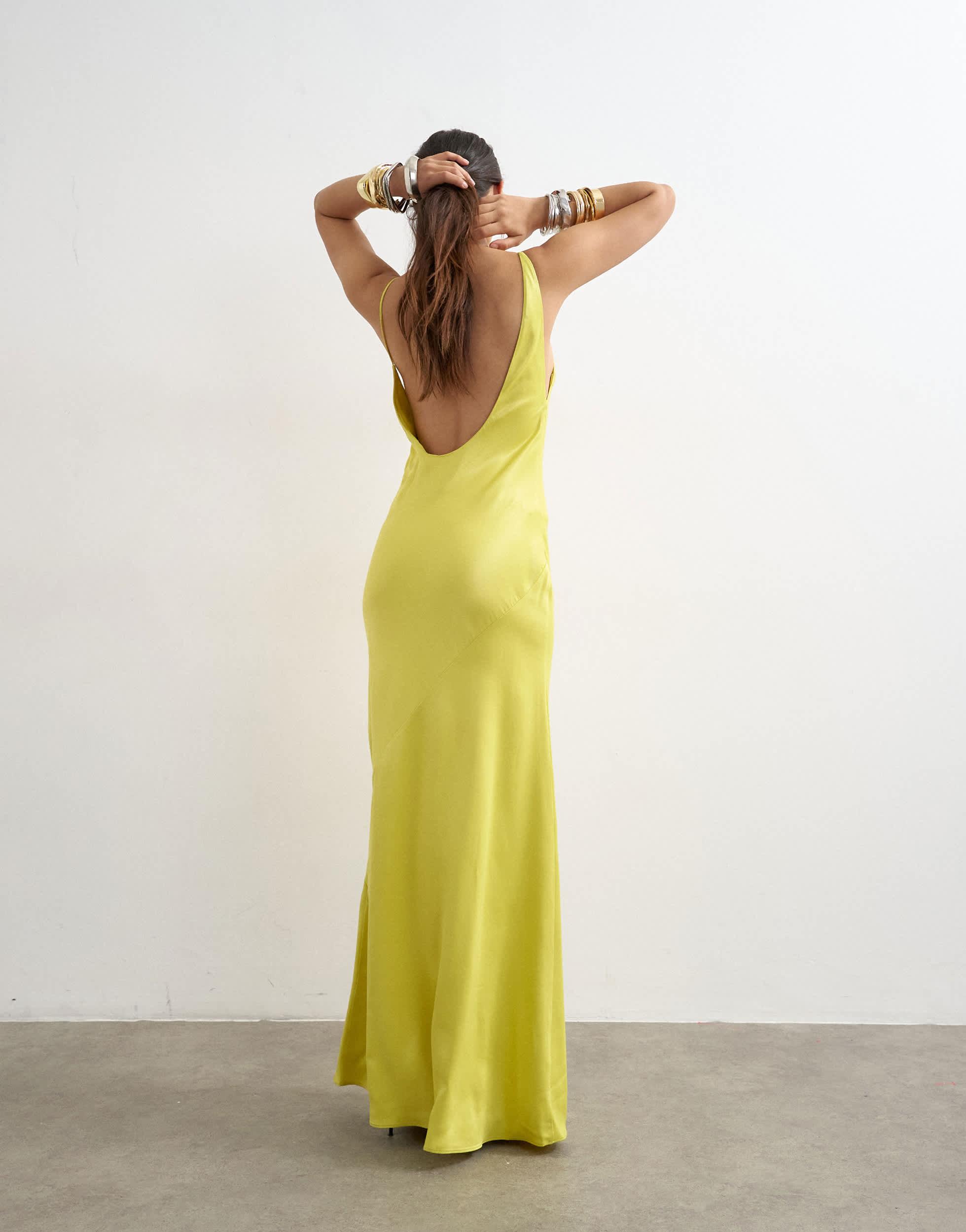 slim fit dress slacks Manami Asymmetric Cut-Out Halterneck Midaxi Dress in Lime Green