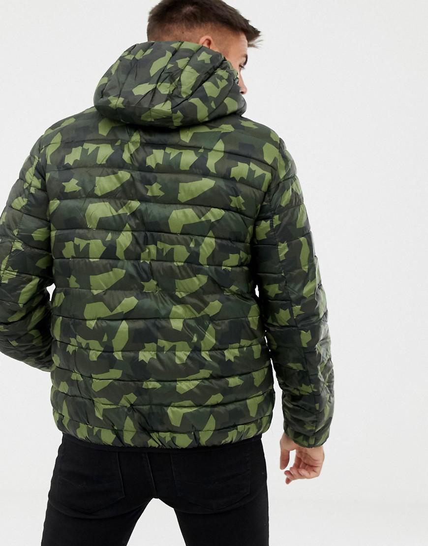 Pull&Bear Denim Puffer Jacket With Hood In Camo in Green for Men - Lyst