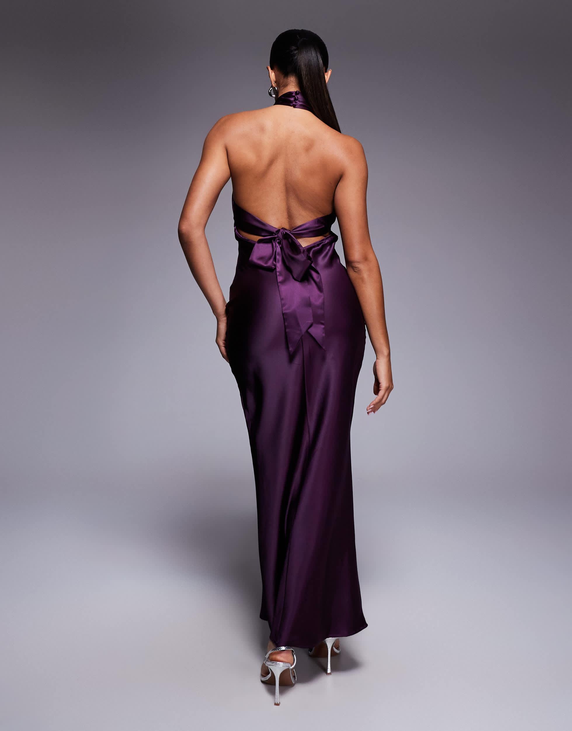 Princess Polly Rosaminta High Shine Satin Cross Front Halterneck Tie Open  Back Maxi Dress in Purple | Lyst