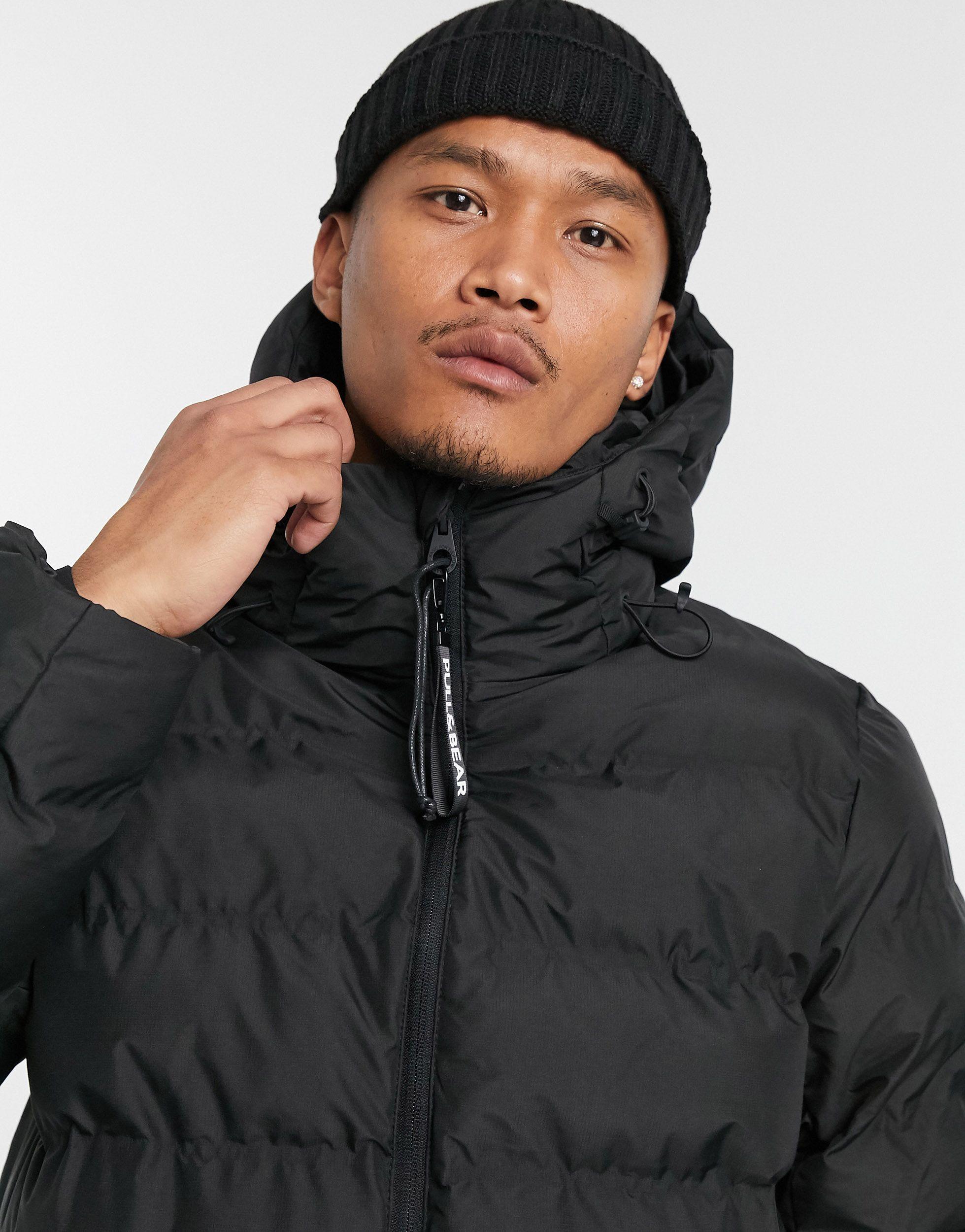 Pull&Bear Longline Puffer Jacket With Hood in Black for Men | Lyst