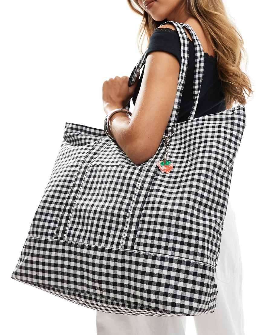 Bolso Tote A Cuadros Vichy Blancos Y Negros Con Llavero Extraíble