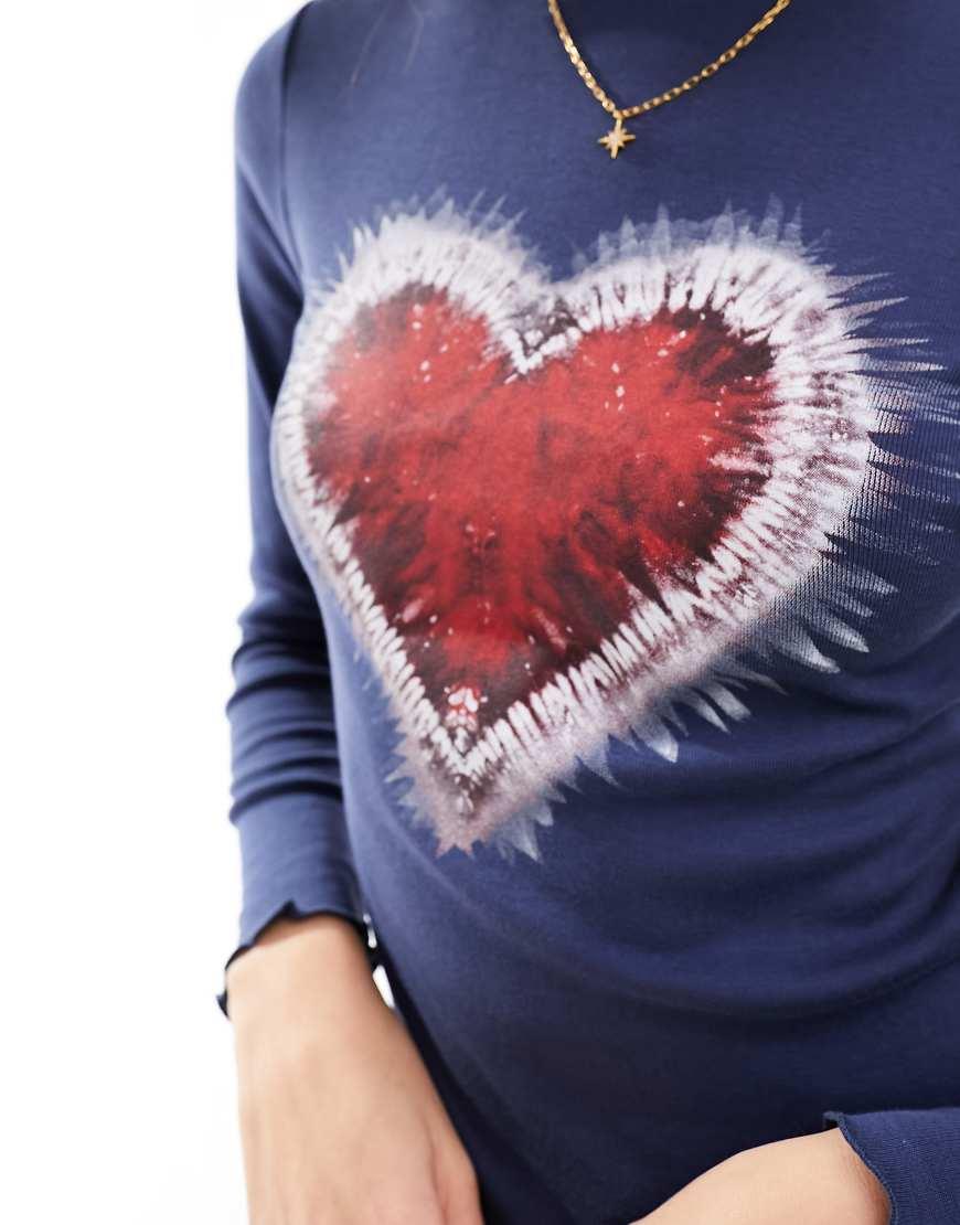 Miss Selfridge Heart Graphic Tee With Long Sleeve in Blue Lyst UK