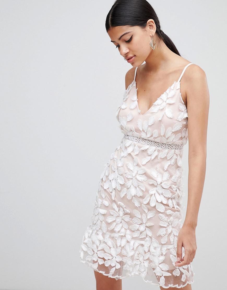 love triangle plunge front 3d applique cami midi dress in white