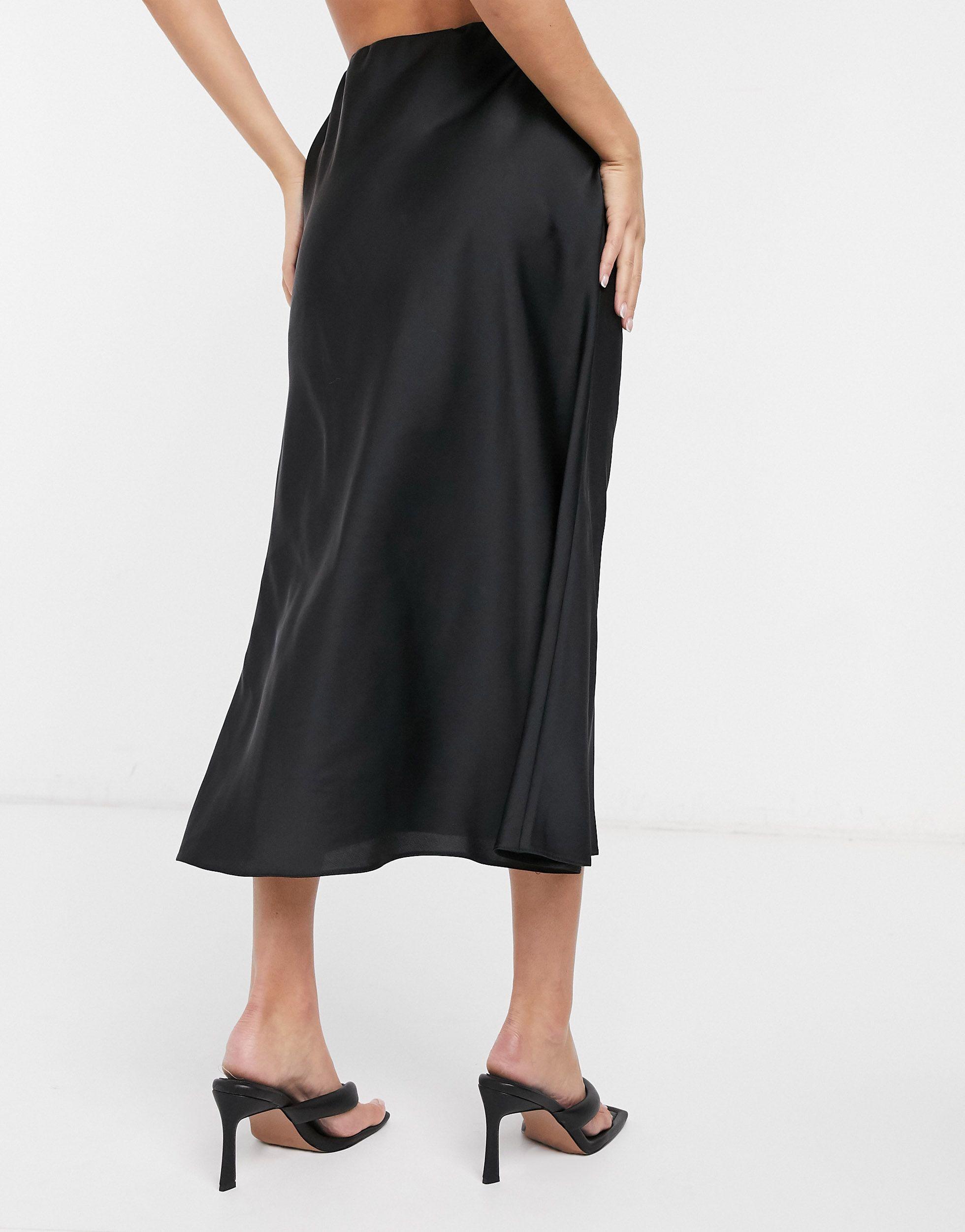 ASOS Bias Cut Satin Slip Midi Skirt in Black - Lyst