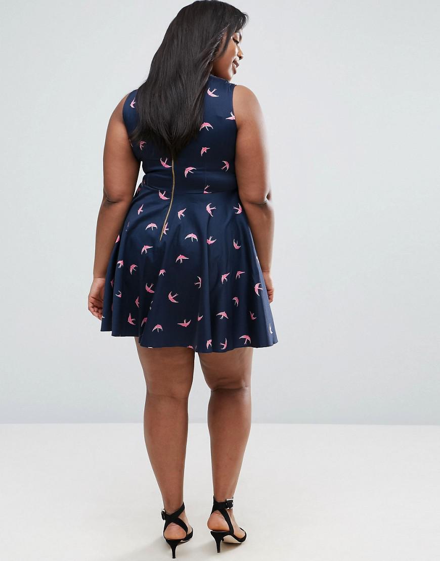 Closet London Plus Closet Plus Skater Dress In Bird Print In Blue