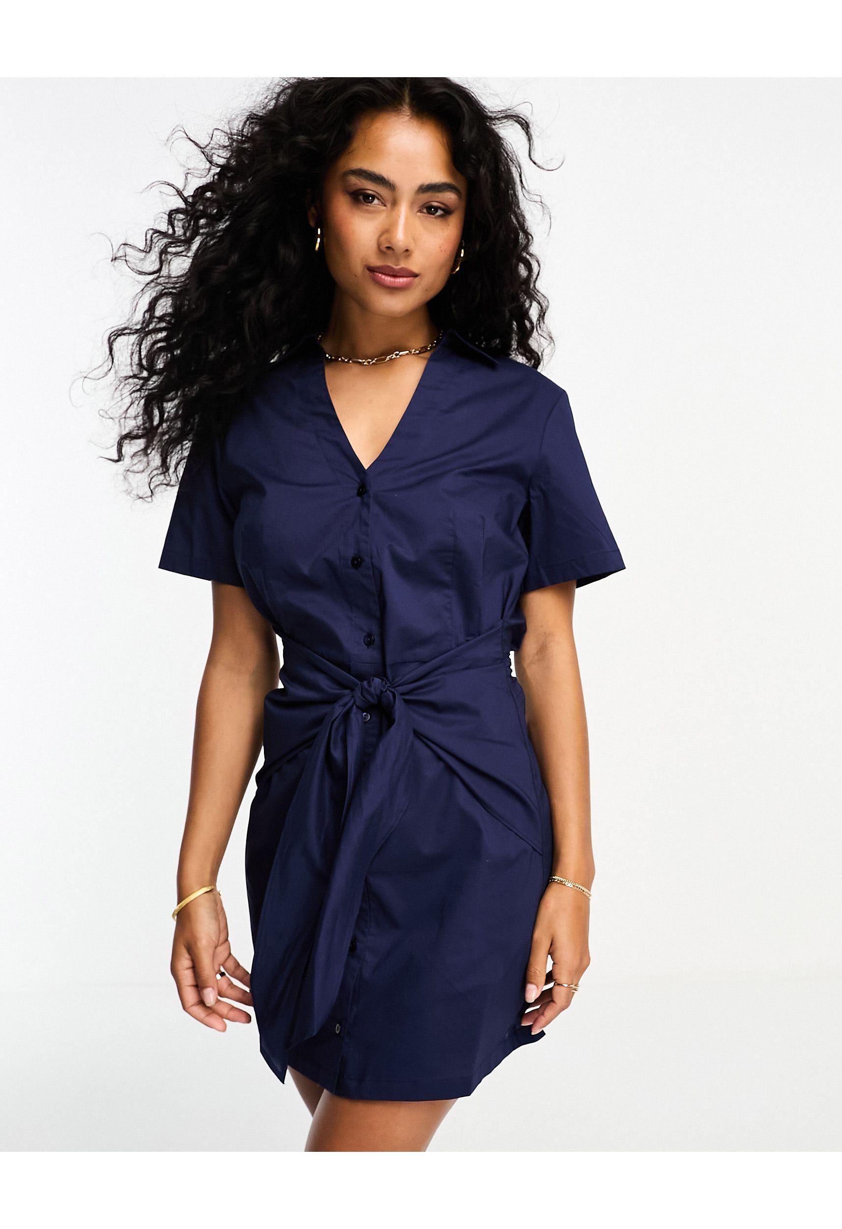 Mango Cinched Tie Waist Short Sleeve Shirt Dress in Blue | Lyst