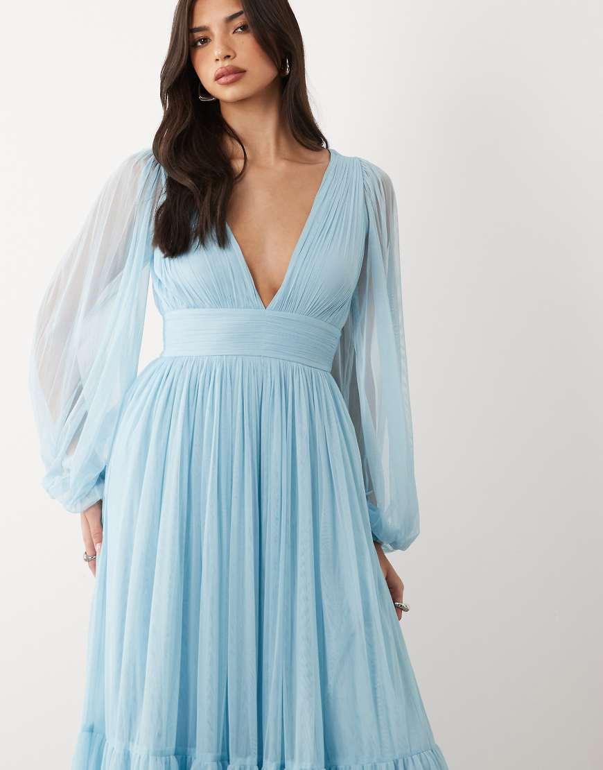 princess polly baby blue dress ASOS DESIGN Mila floral embellished mesh wedding dress with tie straps in  Masa: 32 Cmimi: 149,99€ nga 363€ main image 0