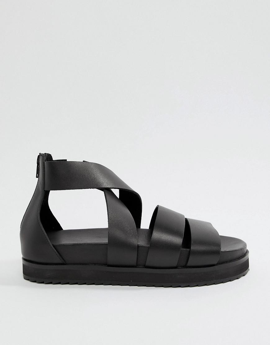 asos design gladiator sandals in black leather with chunky sole