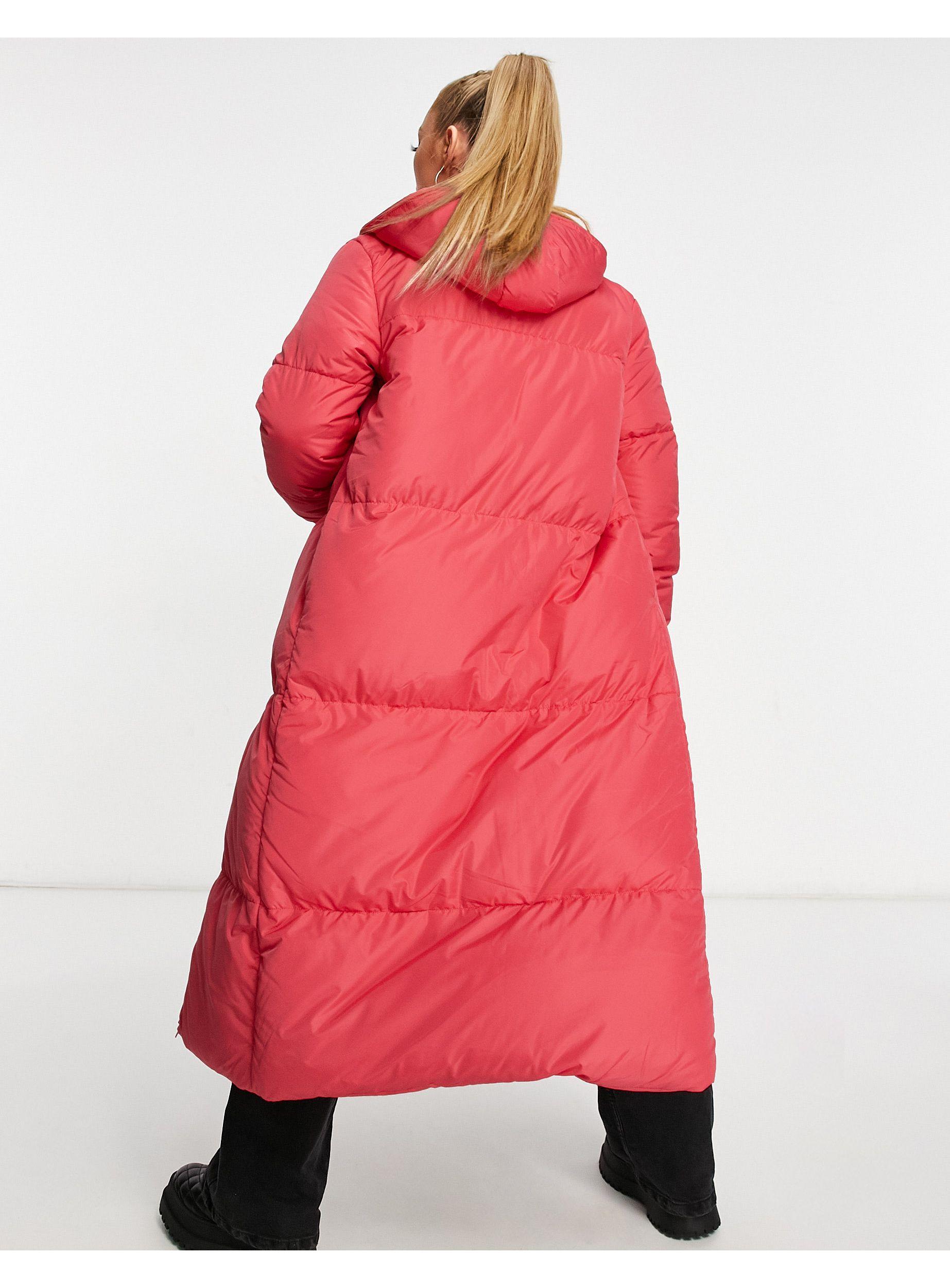 red longline puffer coat