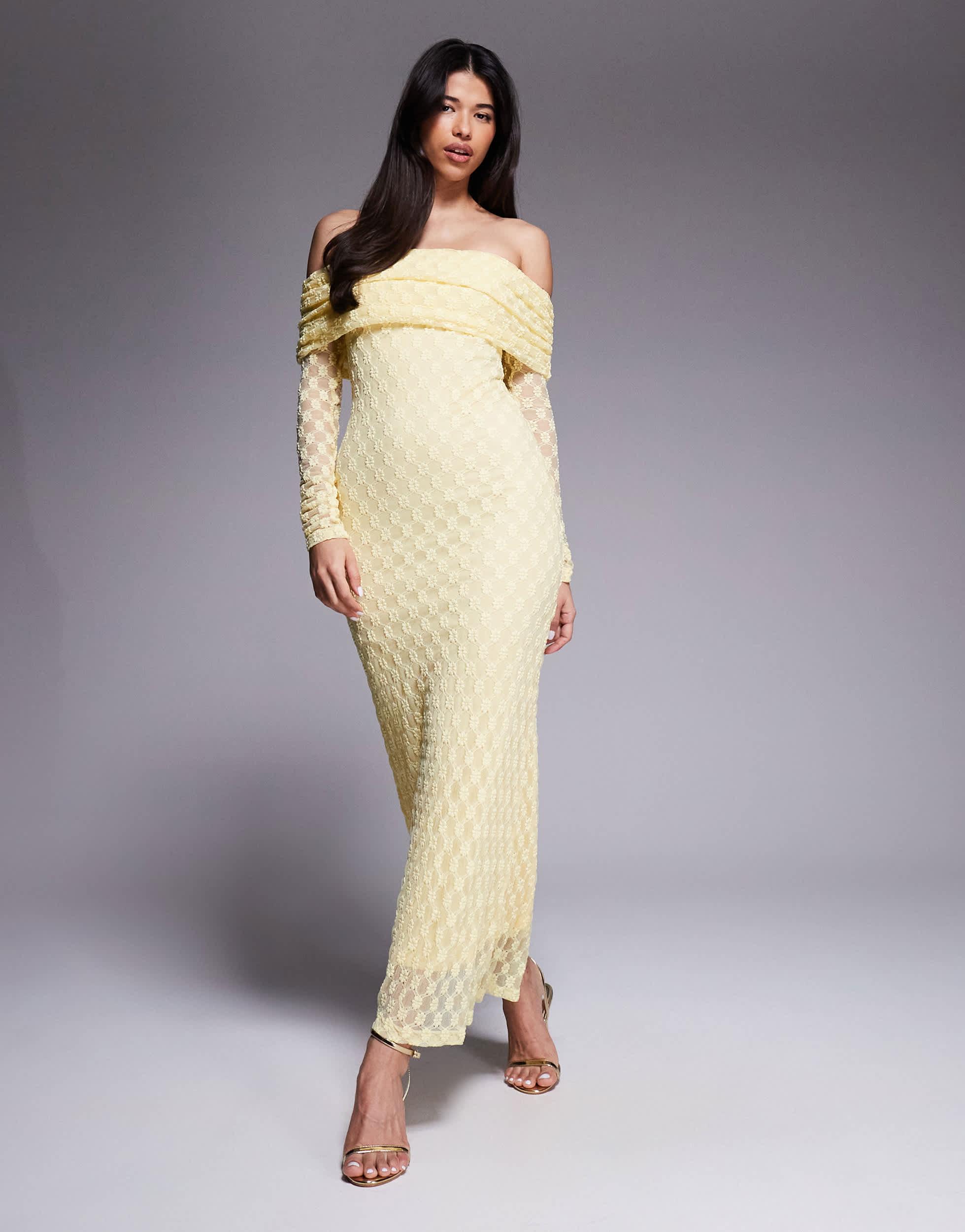 Bardot Adoni Off The Shoulder Textured Lace Maxi Dress in Gray | Lyst