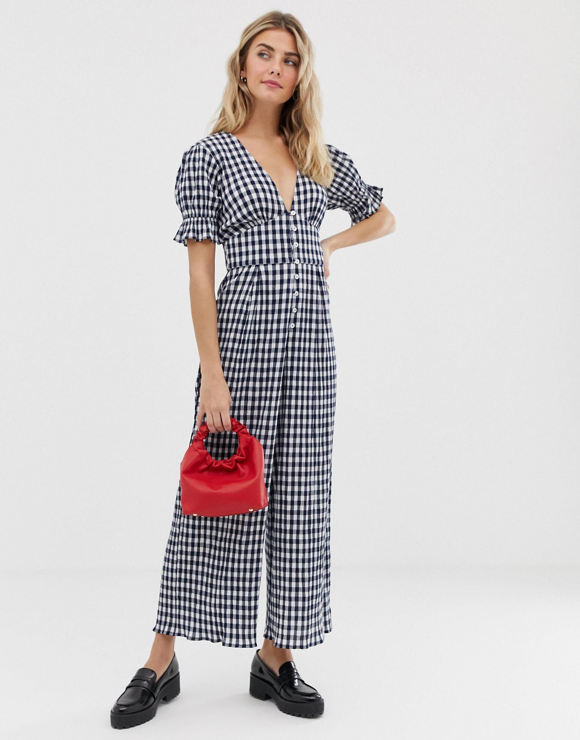blue gingham jumpsuit