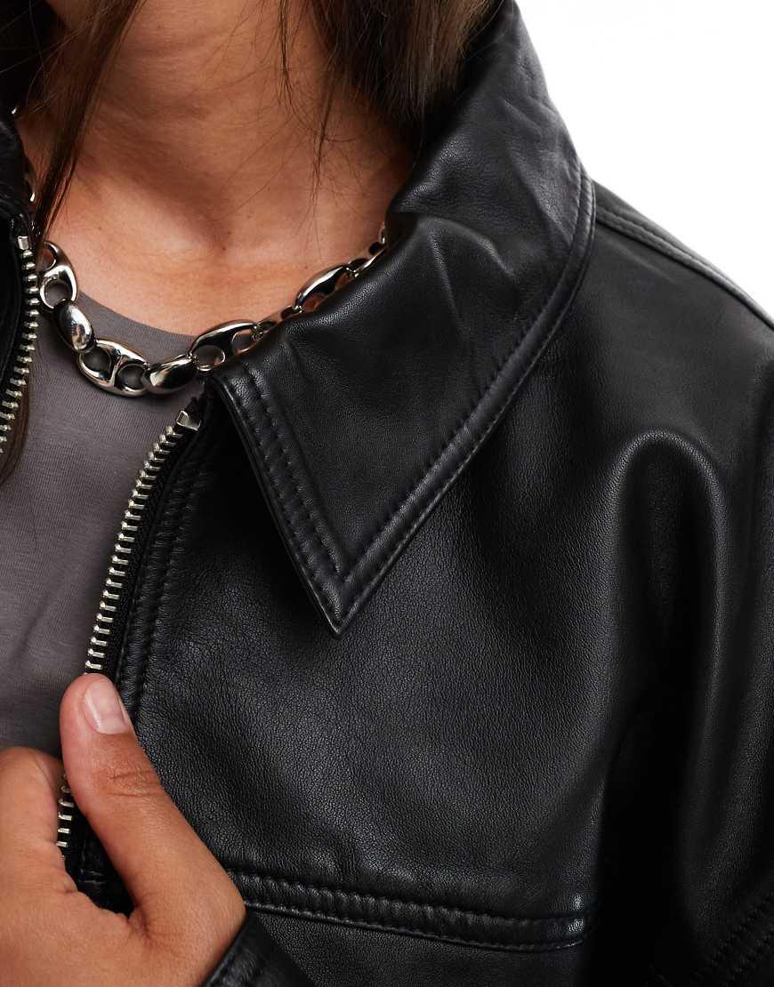 ASOS Asos Design Curve Top Collar Premium Leather Jacket in Black
