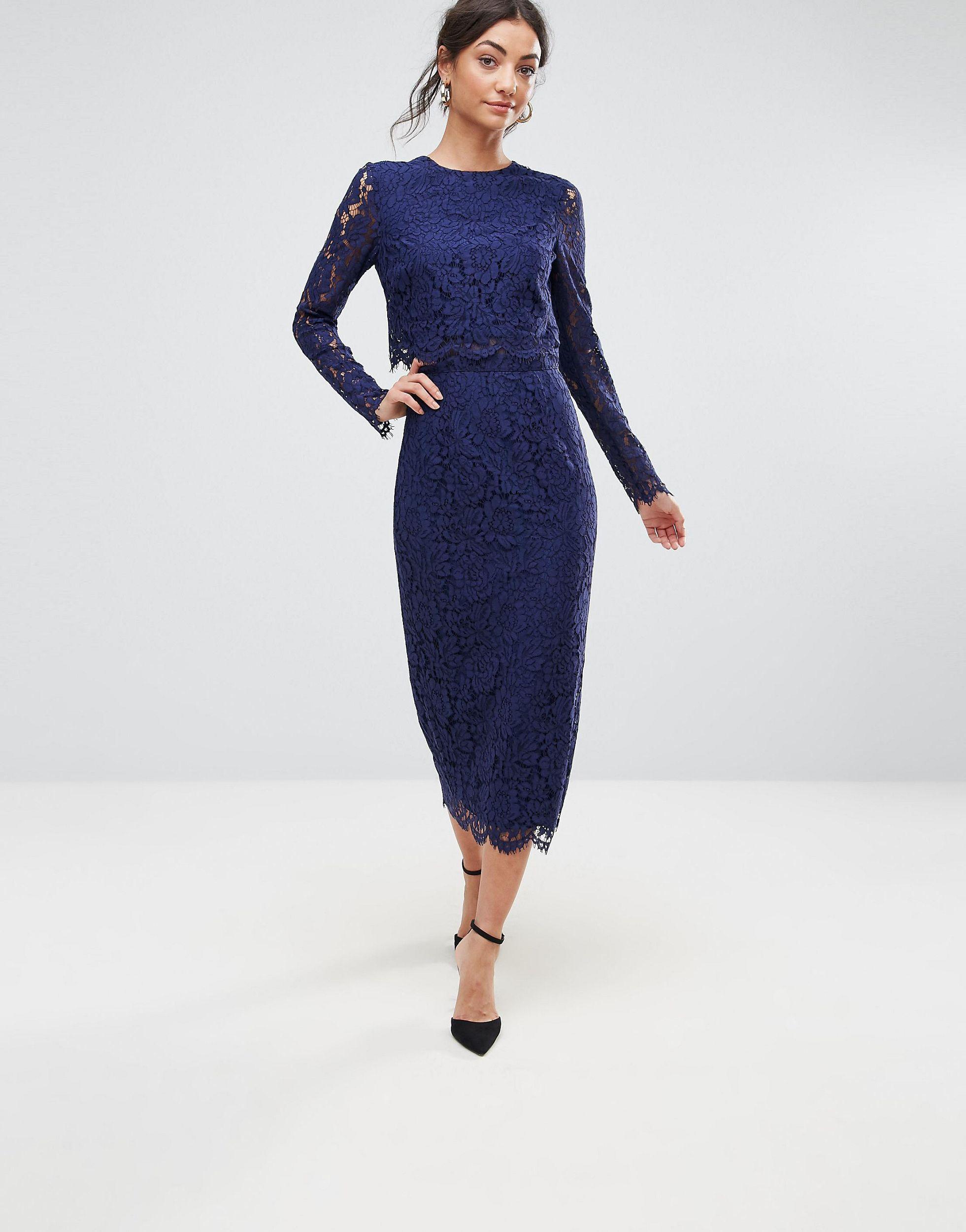 ASOS Wedding Lace Long Sleeve Midi Pencil Dress in Blue | Lyst