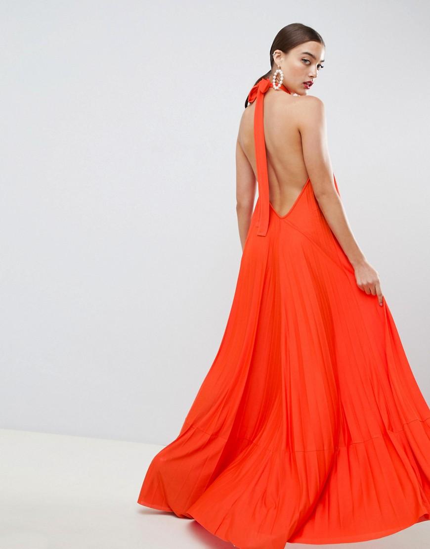 Vestido largo con diseo plisado de espalda al aire y cuello halter de ASOS  de color Naranja | Lyst