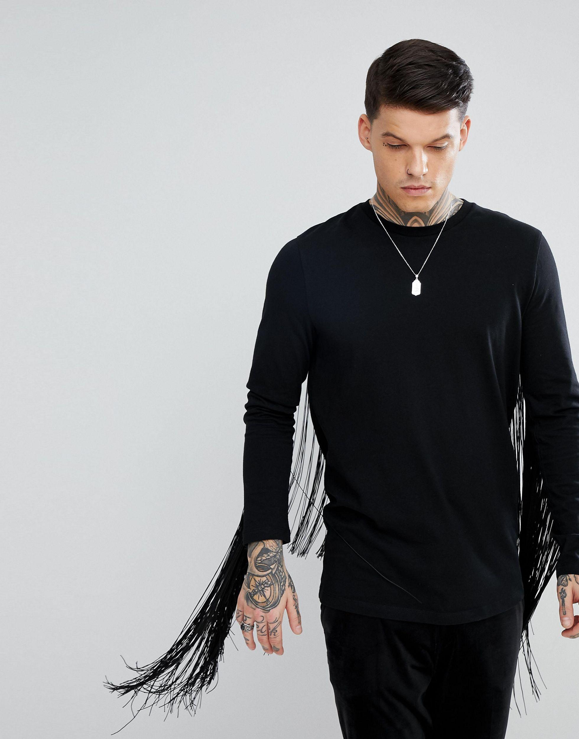 ASOS Asos Longline Long Sleeve T-shirt With Extreme Fringe Back in Black  for Men | Lyst